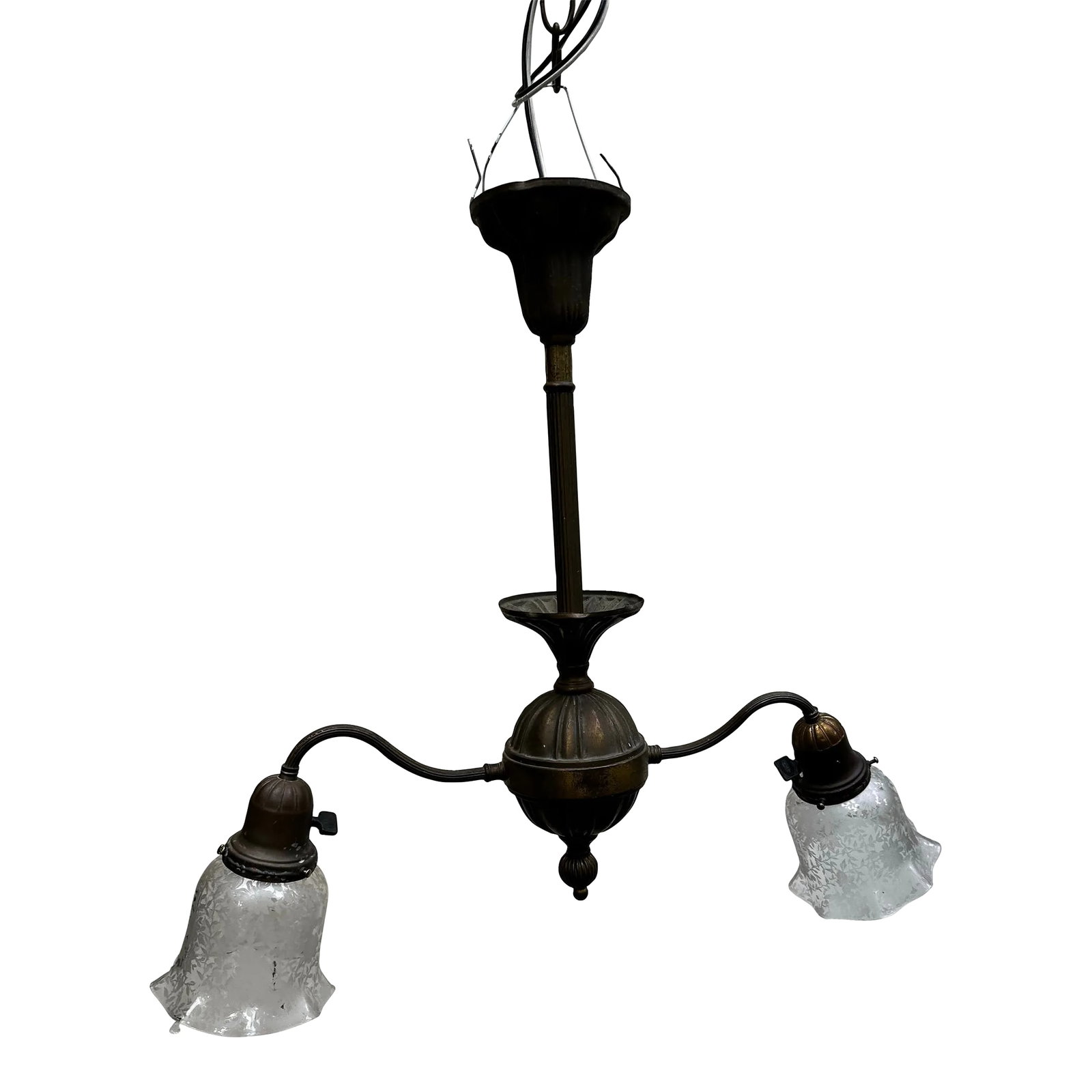 Vintage Two Arm Brass Sheffield Style Chandelier With Stencil Etched Shades: Old lights On is pleased to offer this vintage Sheffield style two arm brass chandelier with two vintage stencil etched glass shades. It is wired and ready to install. Original patina preserved. We