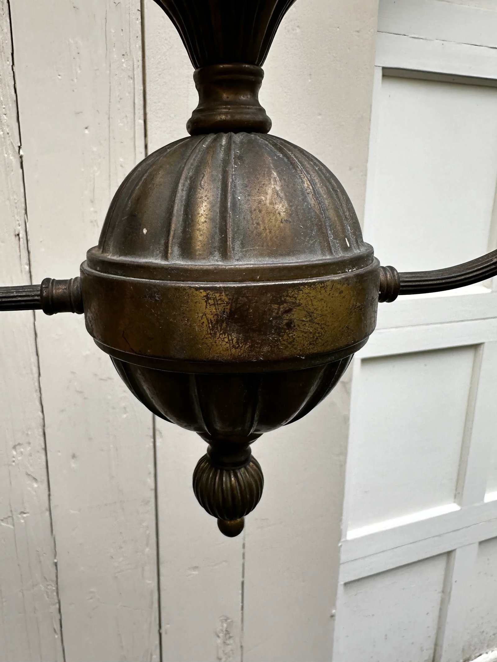 Vintage Two Arm Brass Sheffield Style Chandelier With Stencil Etched Shades - 3