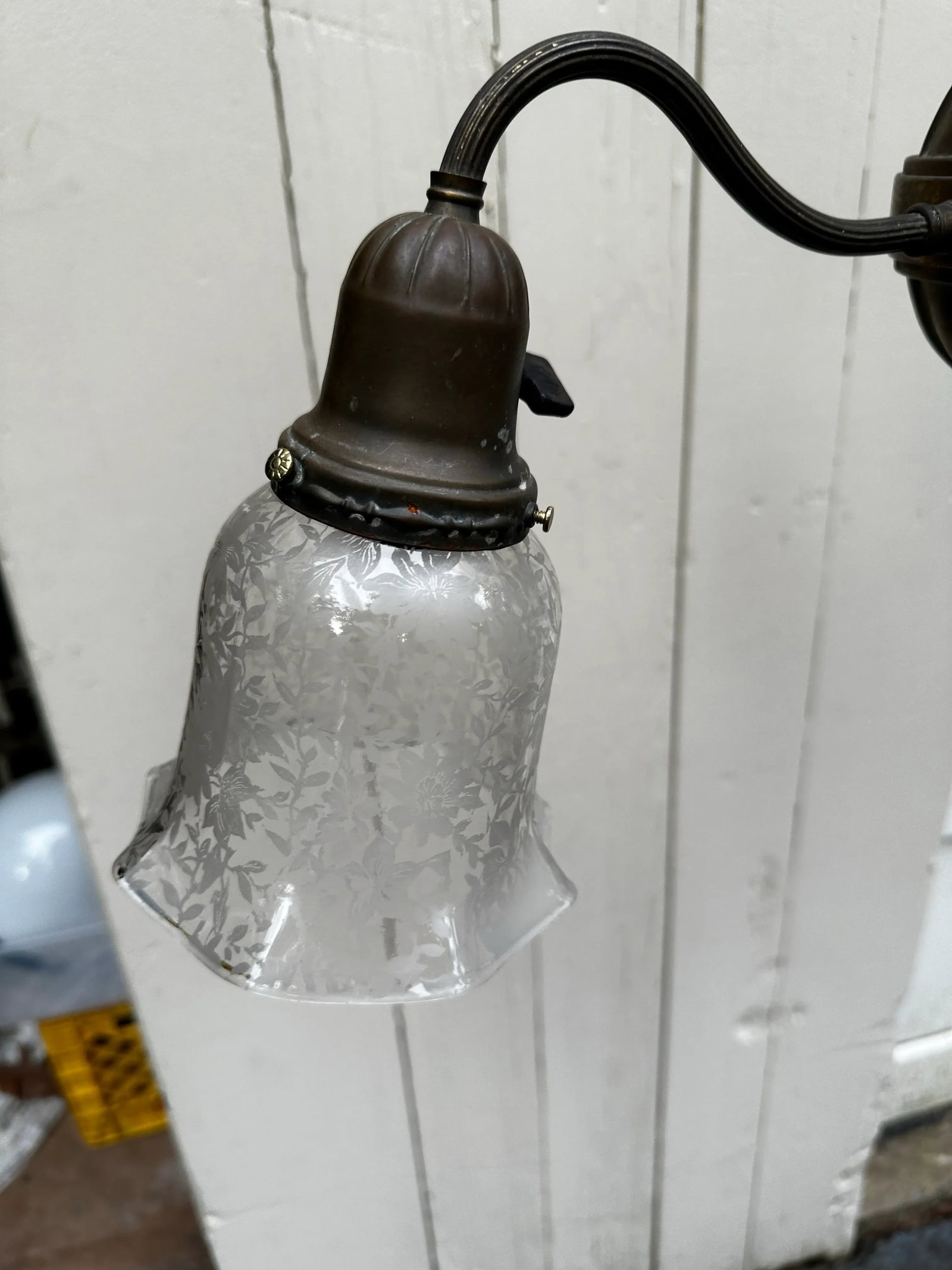 Vintage Two Arm Brass Sheffield Style Chandelier With Stencil Etched Shades - 5