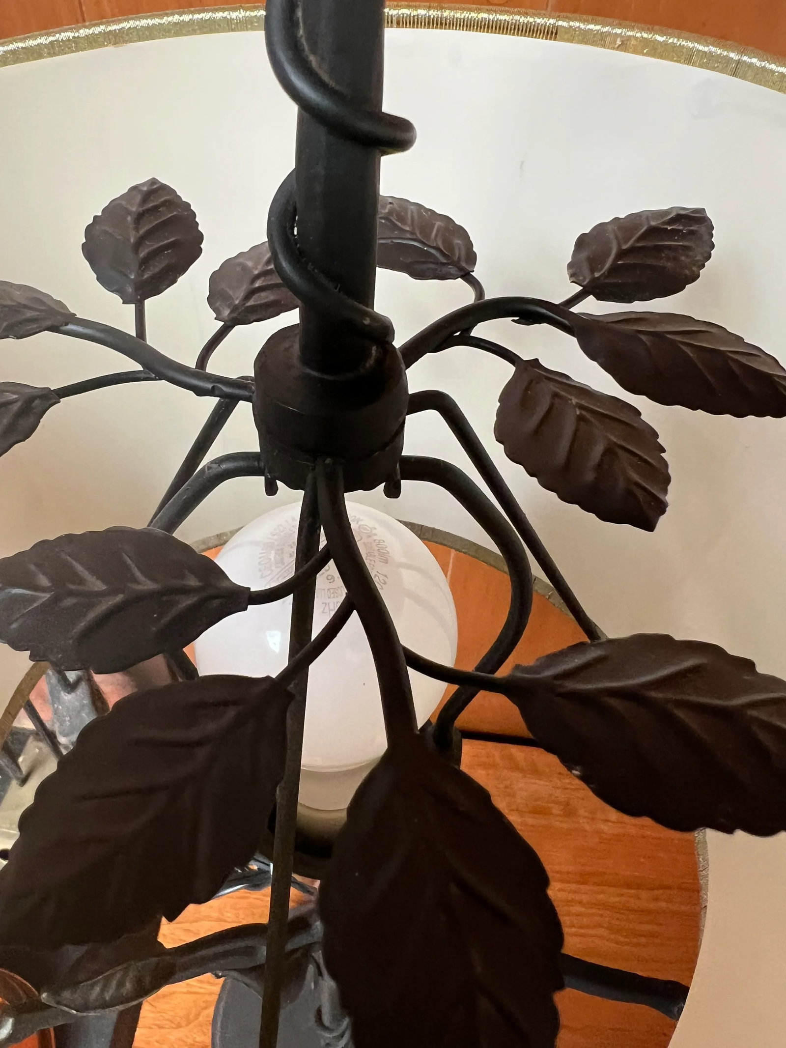Vintage Wrought Iron Branch/Leaf Lamp With Golden String Shade - 12