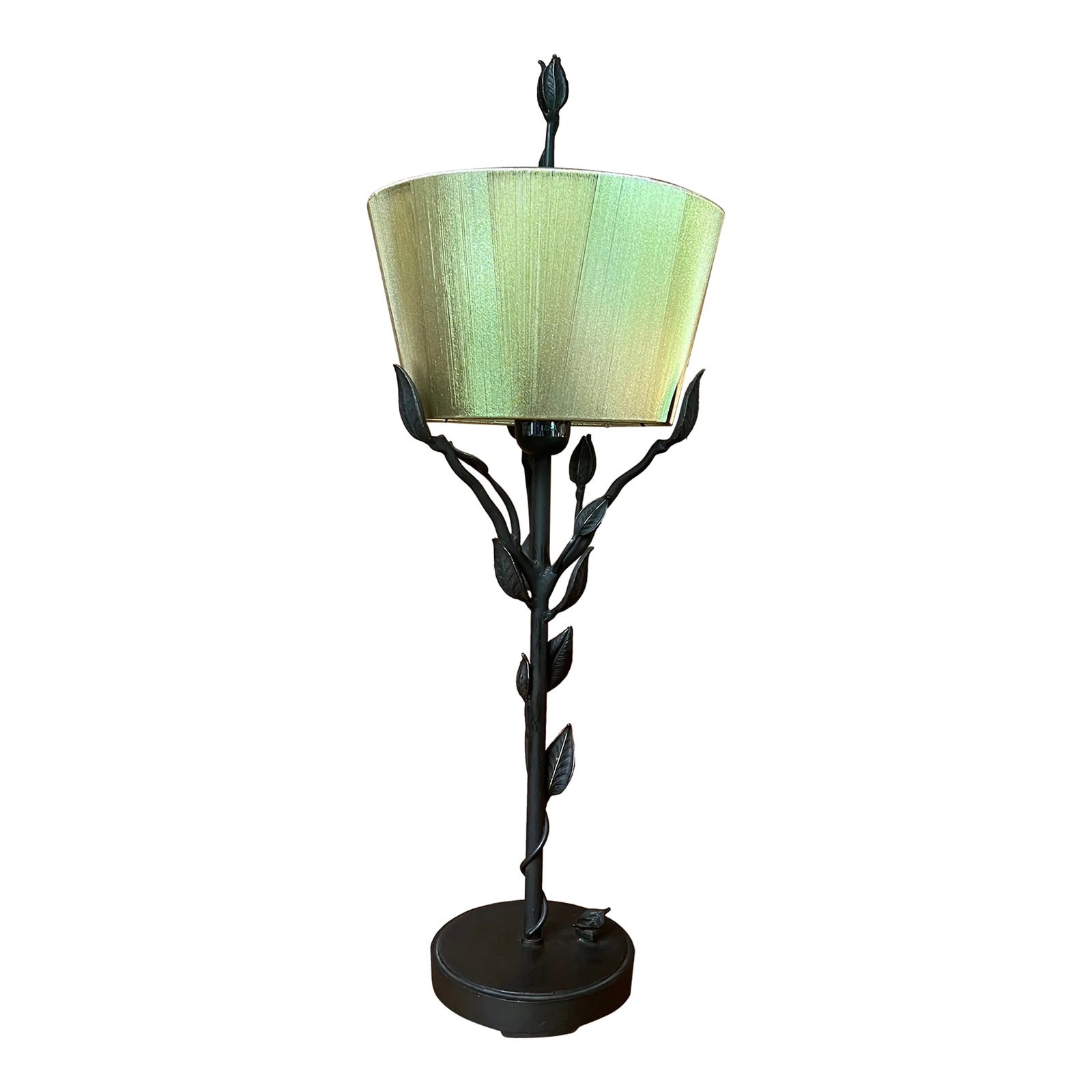 Vintage Wrought Iron Branch/Leaf Lamp With Golden String Shade: One of a kind beautiful wrought iron lamp depicting a vine and leafy rise to a shimmery golden strung lamp shade. The glow this lamp exudes is wonderful and calming. There is no detail that was not to