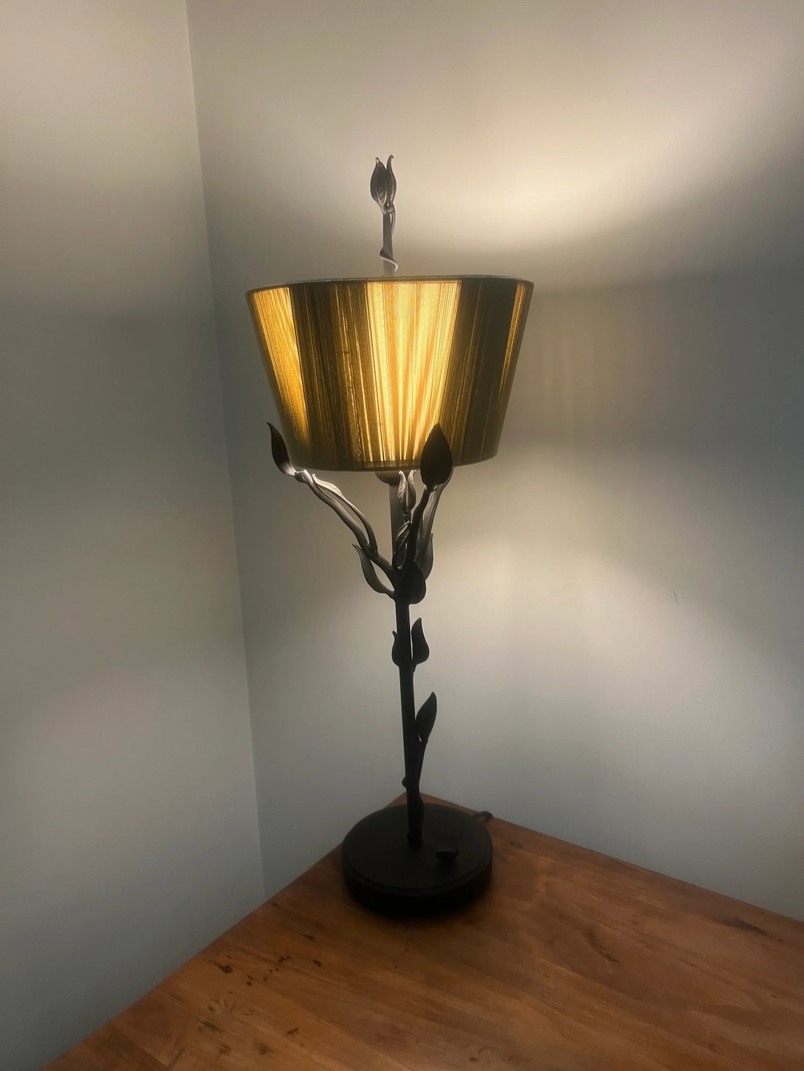 Vintage Wrought Iron Branch/Leaf Lamp With Golden String Shade - 2