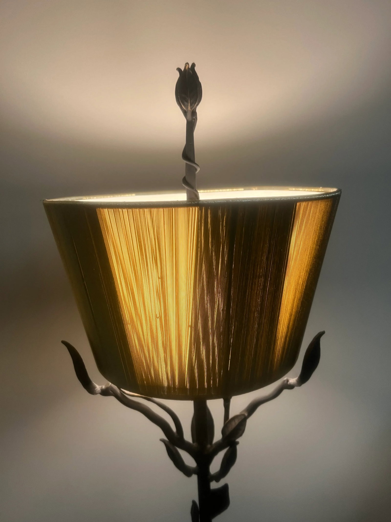 Vintage Wrought Iron Branch/Leaf Lamp With Golden String Shade - 3