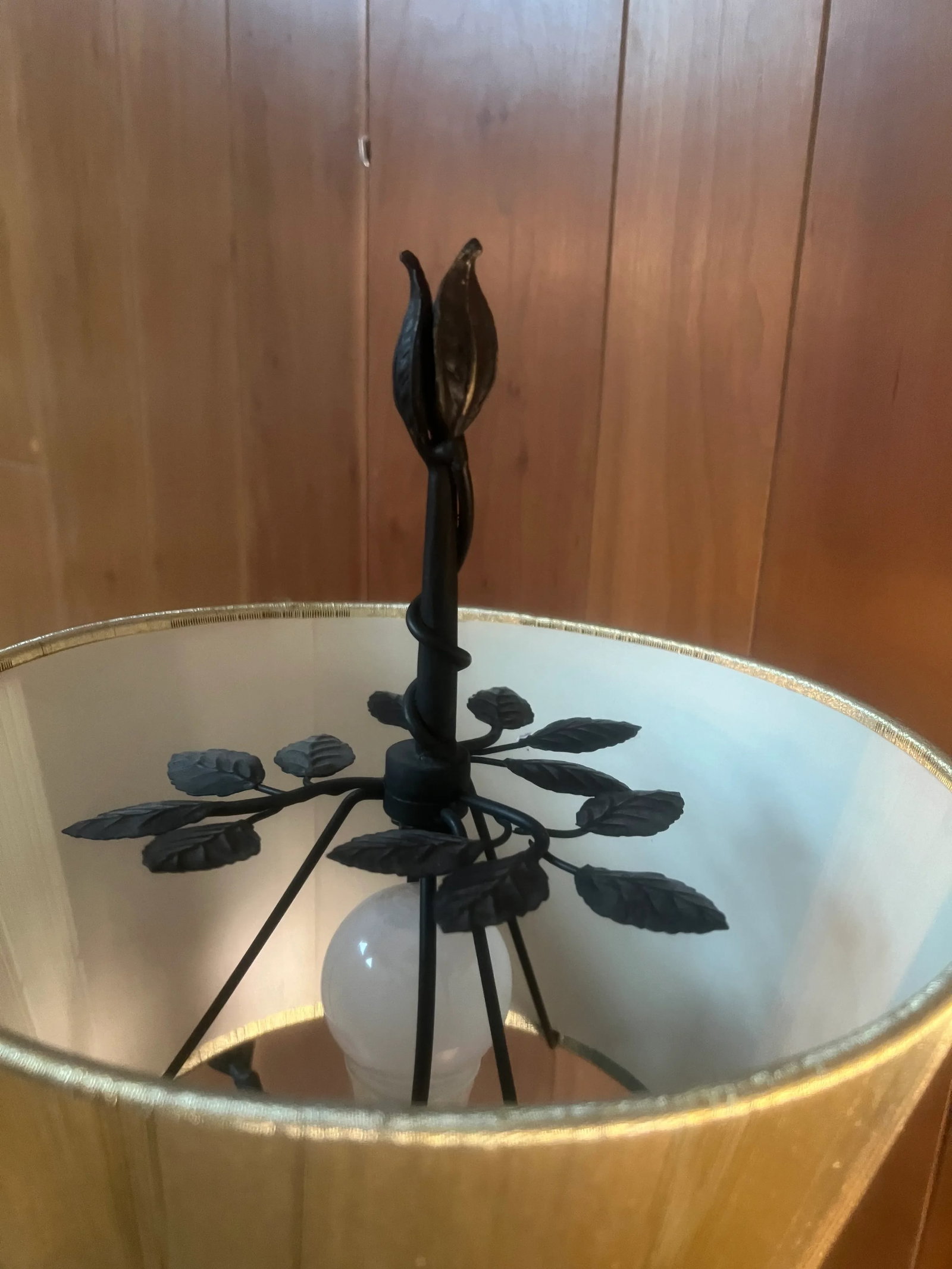 Vintage Wrought Iron Branch/Leaf Lamp With Golden String Shade - 6