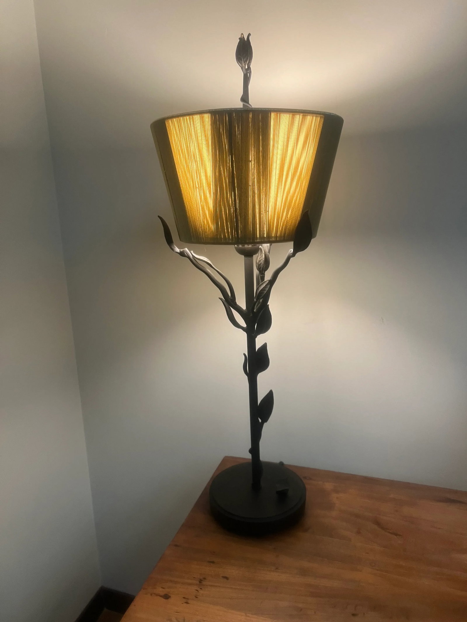Vintage Wrought Iron Branch/Leaf Lamp With Golden String Shade - 8