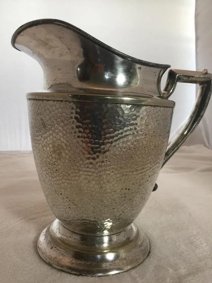 Vintage Art Deco Nickel Hammered Silver Plate Water Pitcher - 2