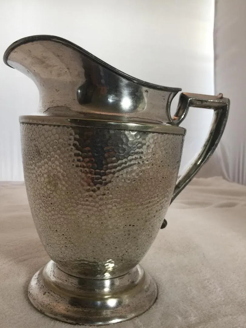 Vintage Art Deco Nickel Hammered Silver Plate Water Pitcher - 3