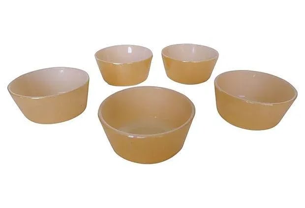 Fireking Vintage Dessert Bowls - Set of 5: Vintage set of five lusterware dessert bowls. Marked " Fireking". Very good condition; some scratches. Condition: Alterations: Original Condition Unaltered Imperfections: Some Imperfections Condition