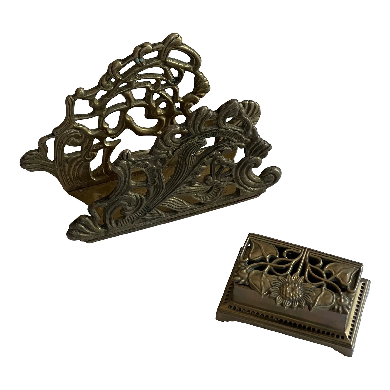 Art Deco Brass Letter Holder & Stamp Box: Beautiful art decor brass letter holder and stamp holder. Letter holder has swirls and the stamp holders has leaves and sunflower. Letter holder could be used for files, mail, etc and the stamp