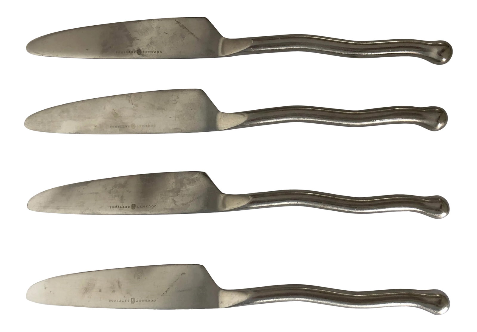 Gourmet Settings Exotique Platinum Stainless Knives S-4: Gourmet Settings Exotique Platinum Stainless Knives S-4, 9.5" dinner knives Condition: Alterations: Original Condition Unaltered Imperfections: Some Imperfections Condition Notes: Excellent Materials
