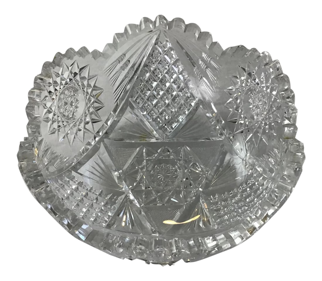 Brilliant Period Cut Glass Bowl: Brilliant period -1880-1920- cut glass bowl-8" wide and 3.25" high- perfect condition Note- exhibits a nice green hue under a black light-which is indicative of cut glass made during the period and