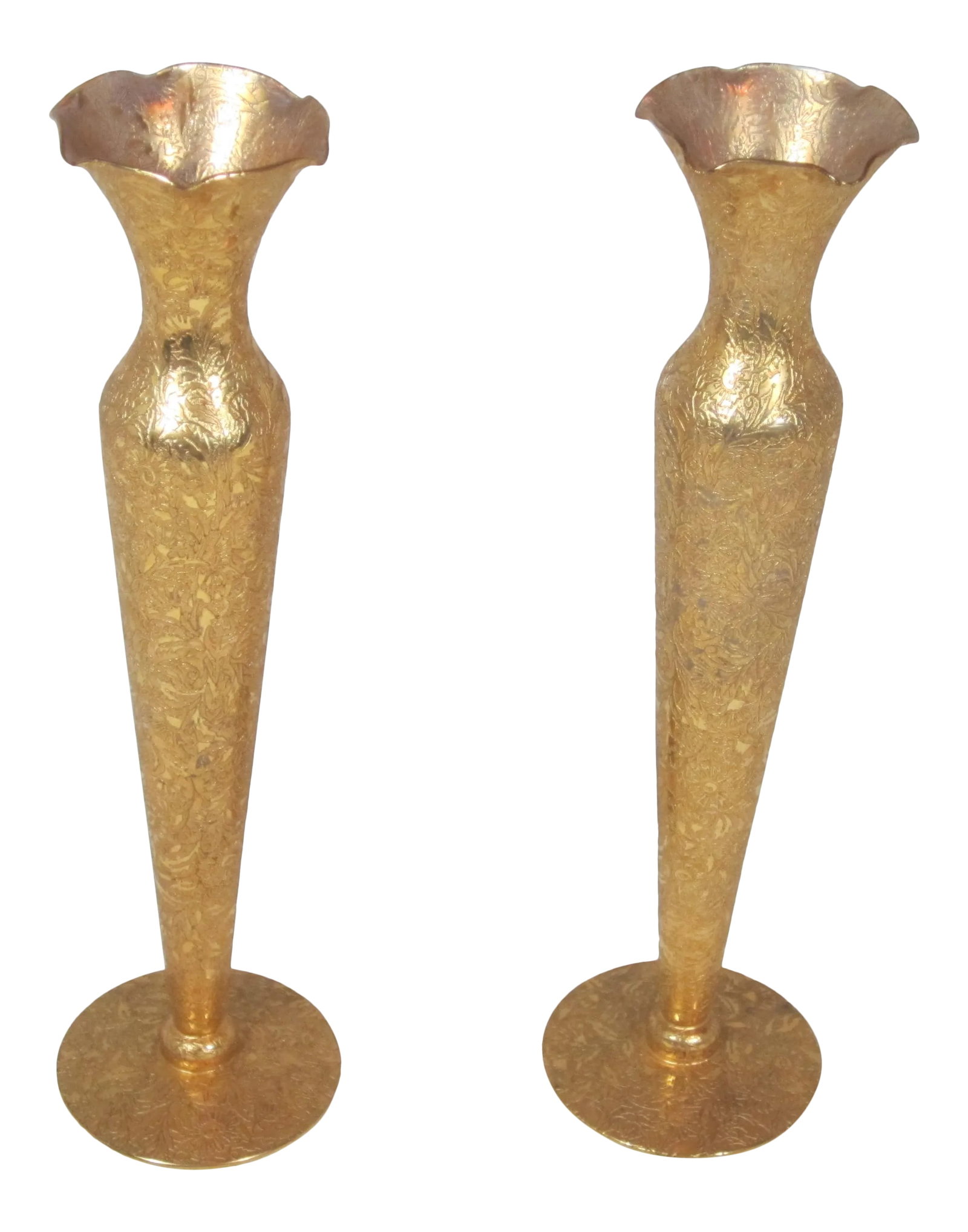 1970s Hollywood Regency Gold Bud Vases - a Pair: Wonderful pair of Hollywood Regency glass bud vases with gold overlay. These slender vases have scalloped top rims and a allover embossed floral design. Condition: Alterations: Original Condition