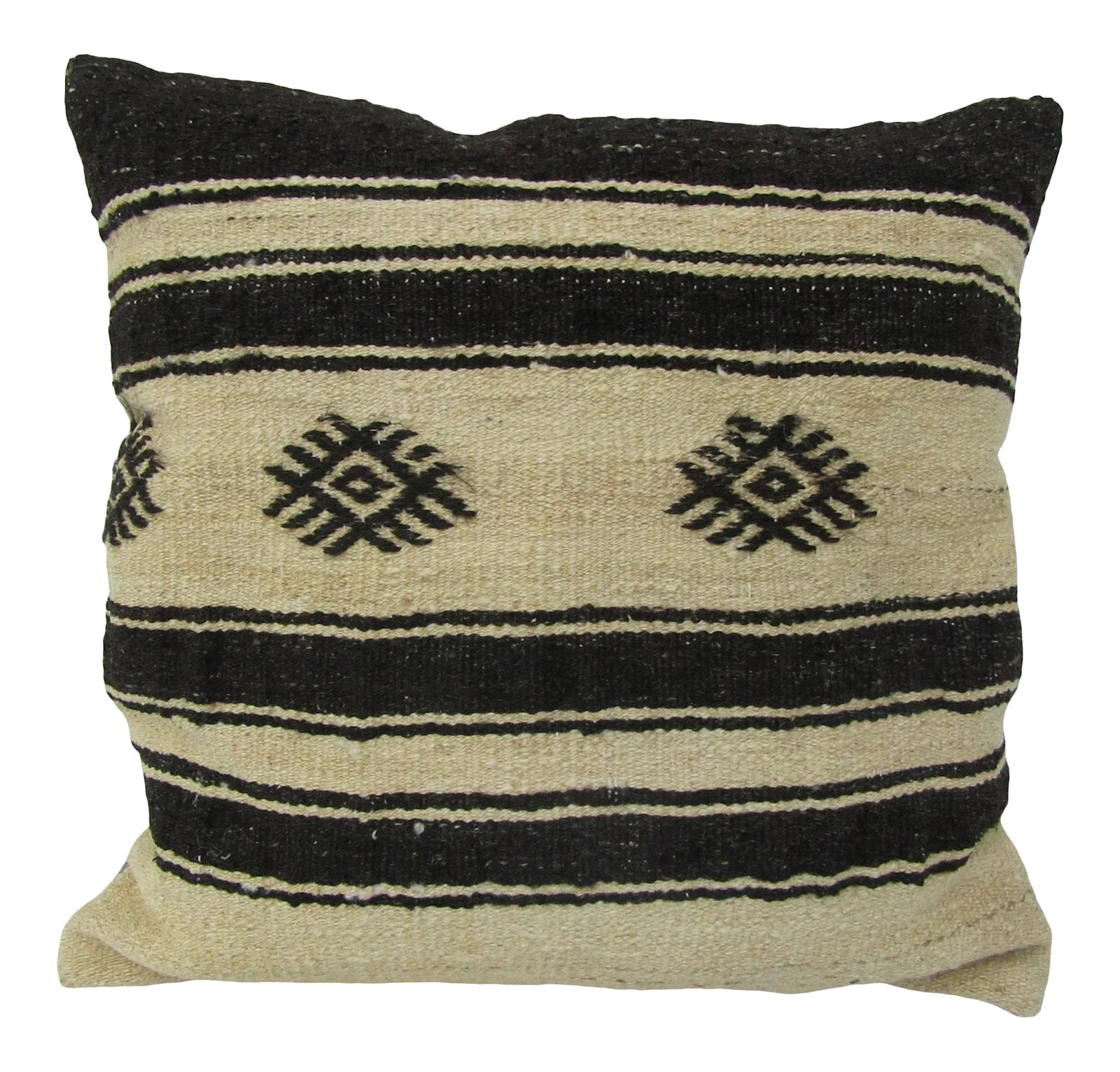 Turkish Black & Ivory Kilim Pillow: This is a pillow cover made from a vintage kilim rug. The piece was properly washed and ready to use. Pillow inserts not included. Condition: Alterations: Original Condition Unaltered Imperfections: