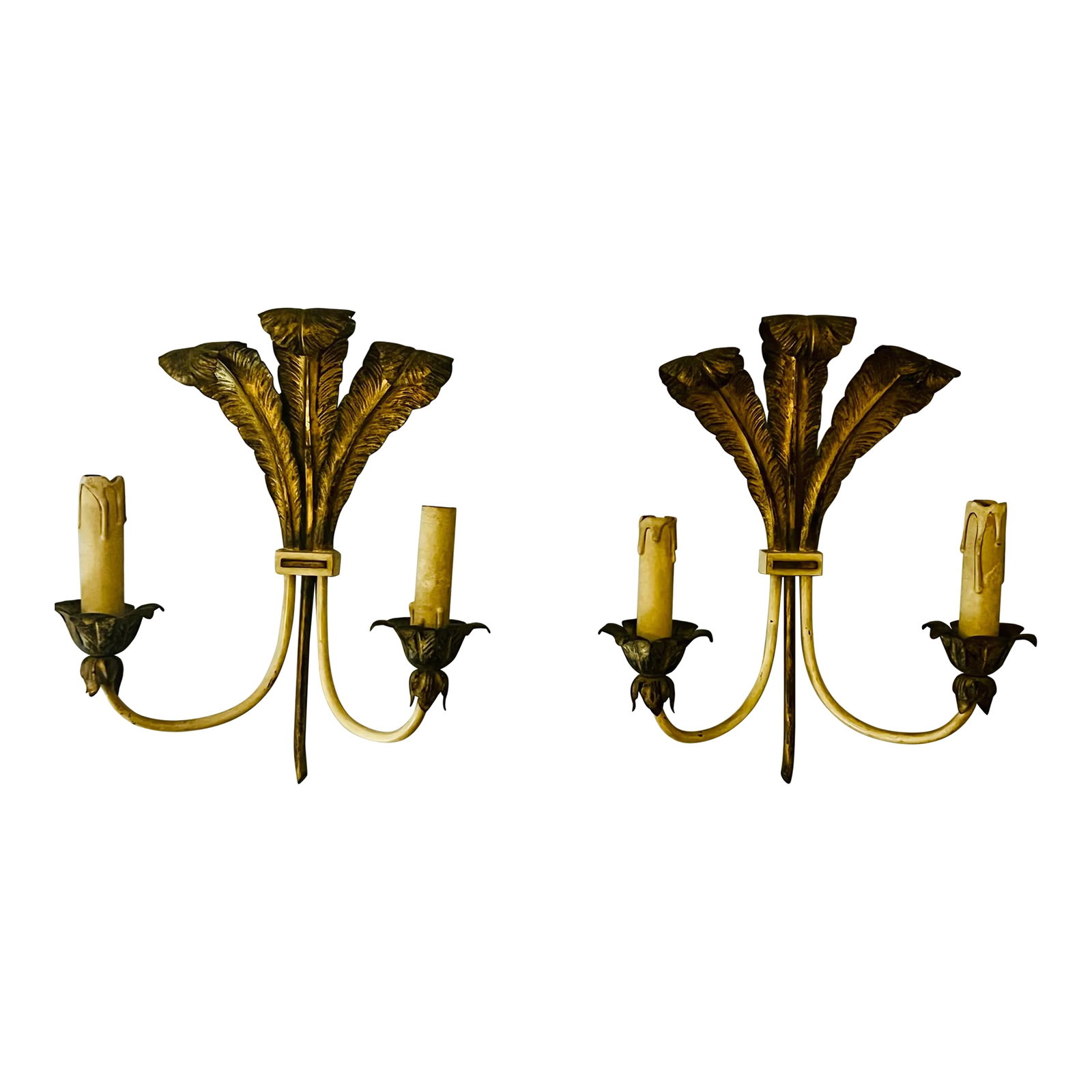 Pair, French Feather Gilt Bronze Wall Sconces, Circa 1950's: A Set of Two French Gilt Bronze Wall Sconces in a Feather Design, Circa 1950's, in the manner of Maison Jansen. Wall mounted with two light bulb sockets. From a fine Belgium estate. Condition: