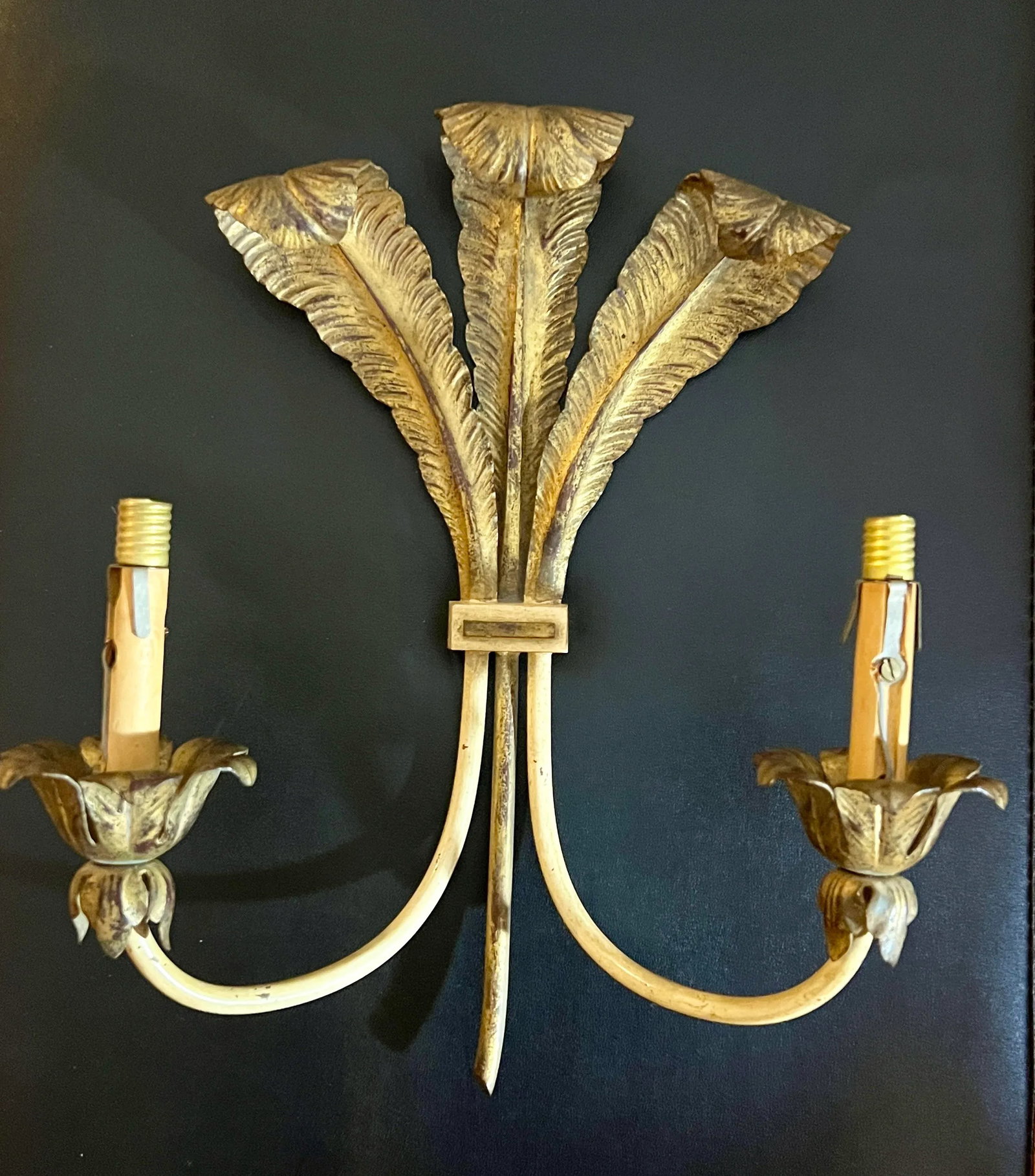 Pair, French Feather Gilt Bronze Wall Sconces, Circa 1950's - 2