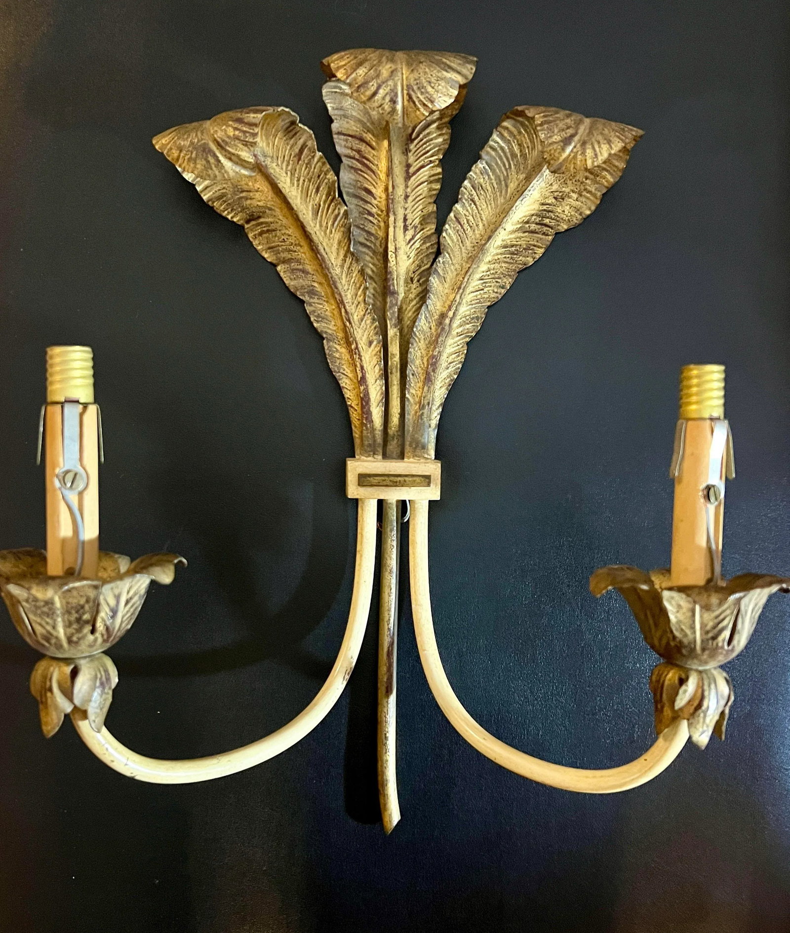 Pair, French Feather Gilt Bronze Wall Sconces, Circa 1950's - 3