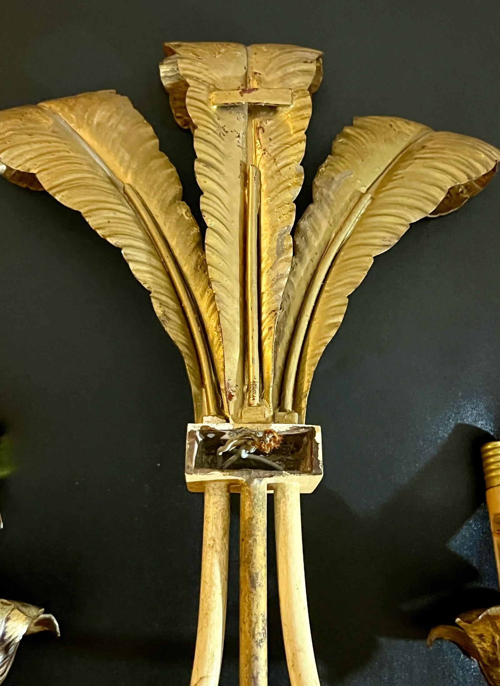 Pair, French Feather Gilt Bronze Wall Sconces, Circa 1950's - 6