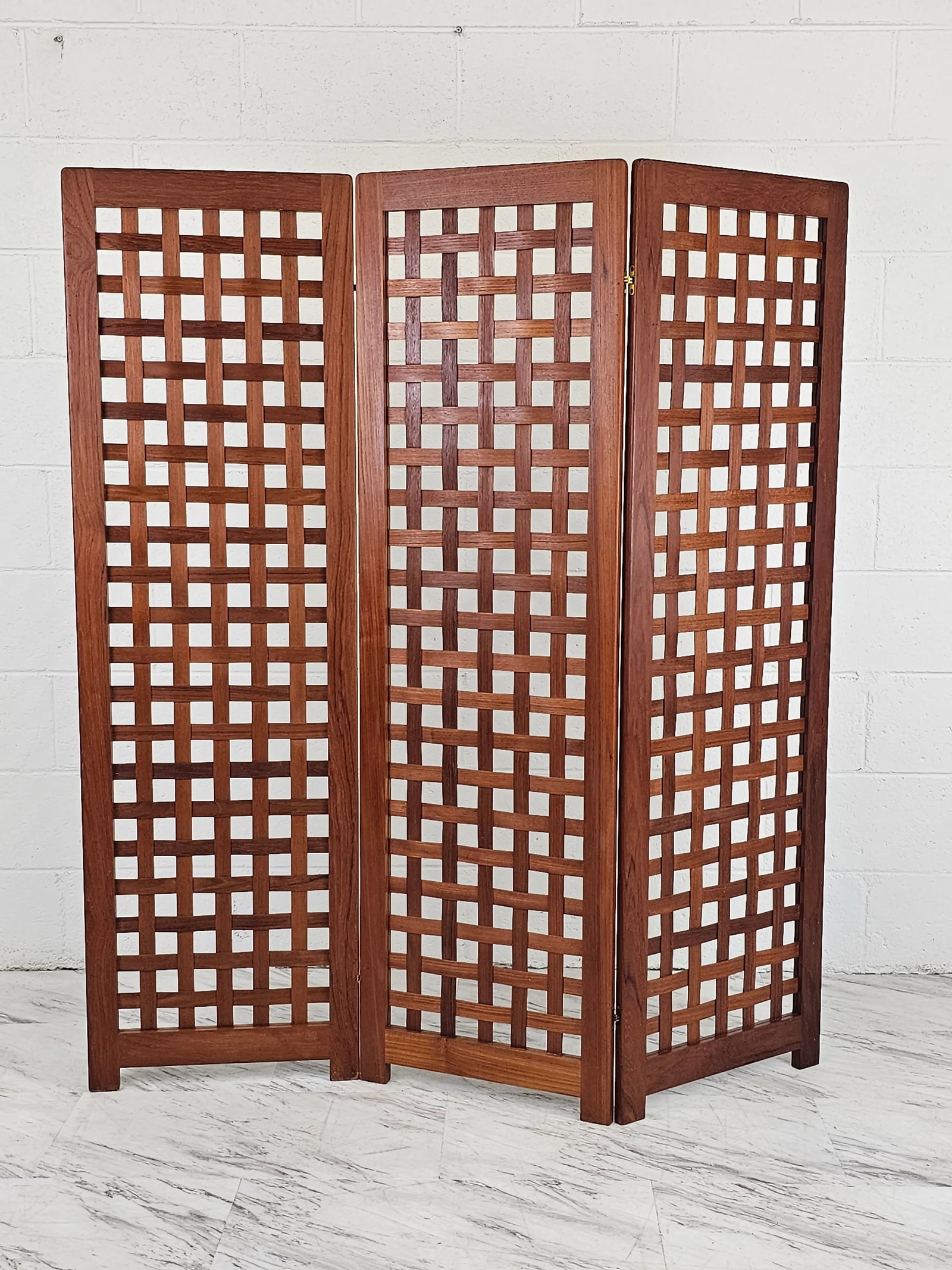1960s Danish Modern Teak 3 Panel Lattice Folding Screen - 2