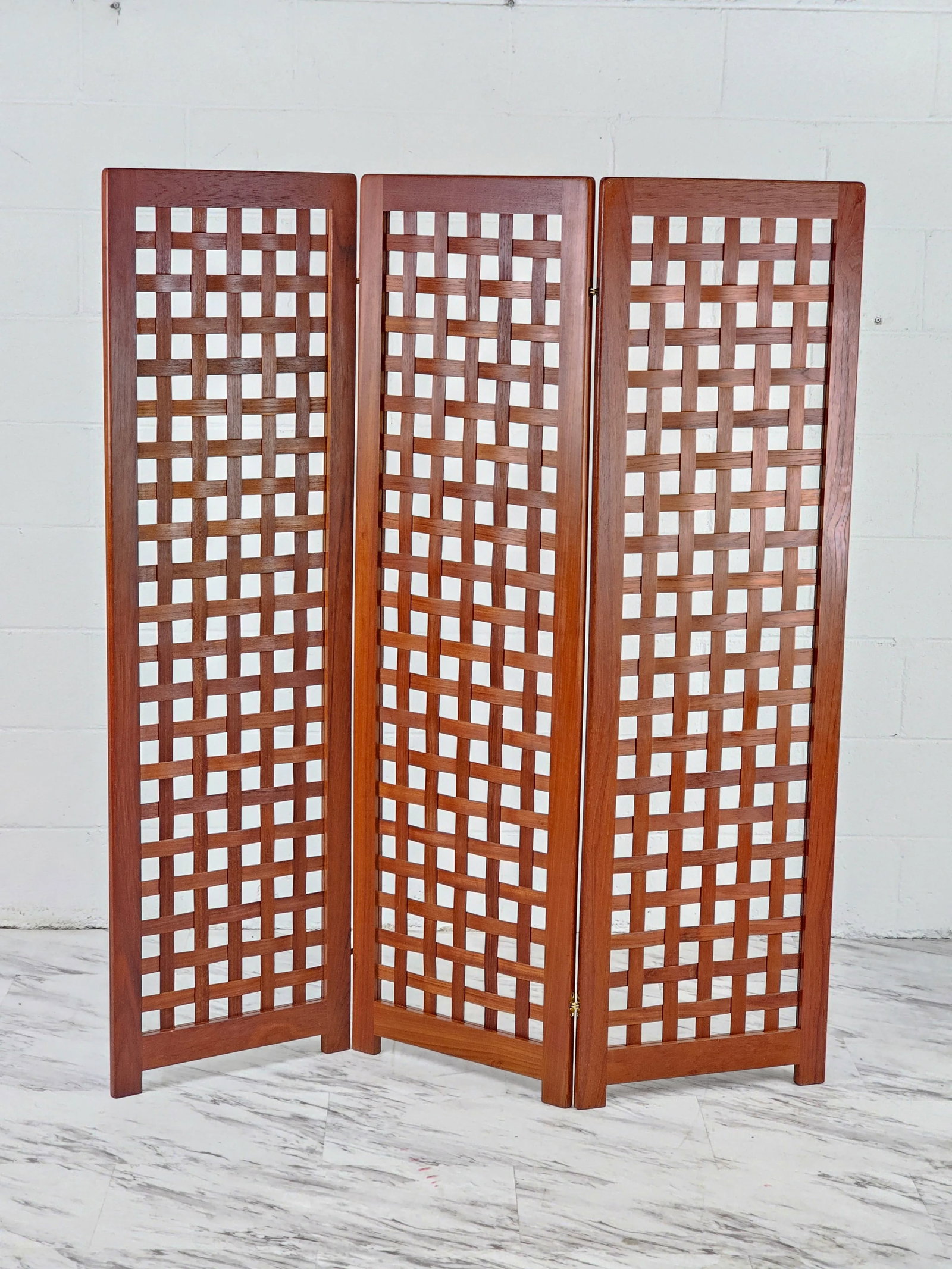1960s Danish Modern Teak 3 Panel Lattice Folding Screen - 3