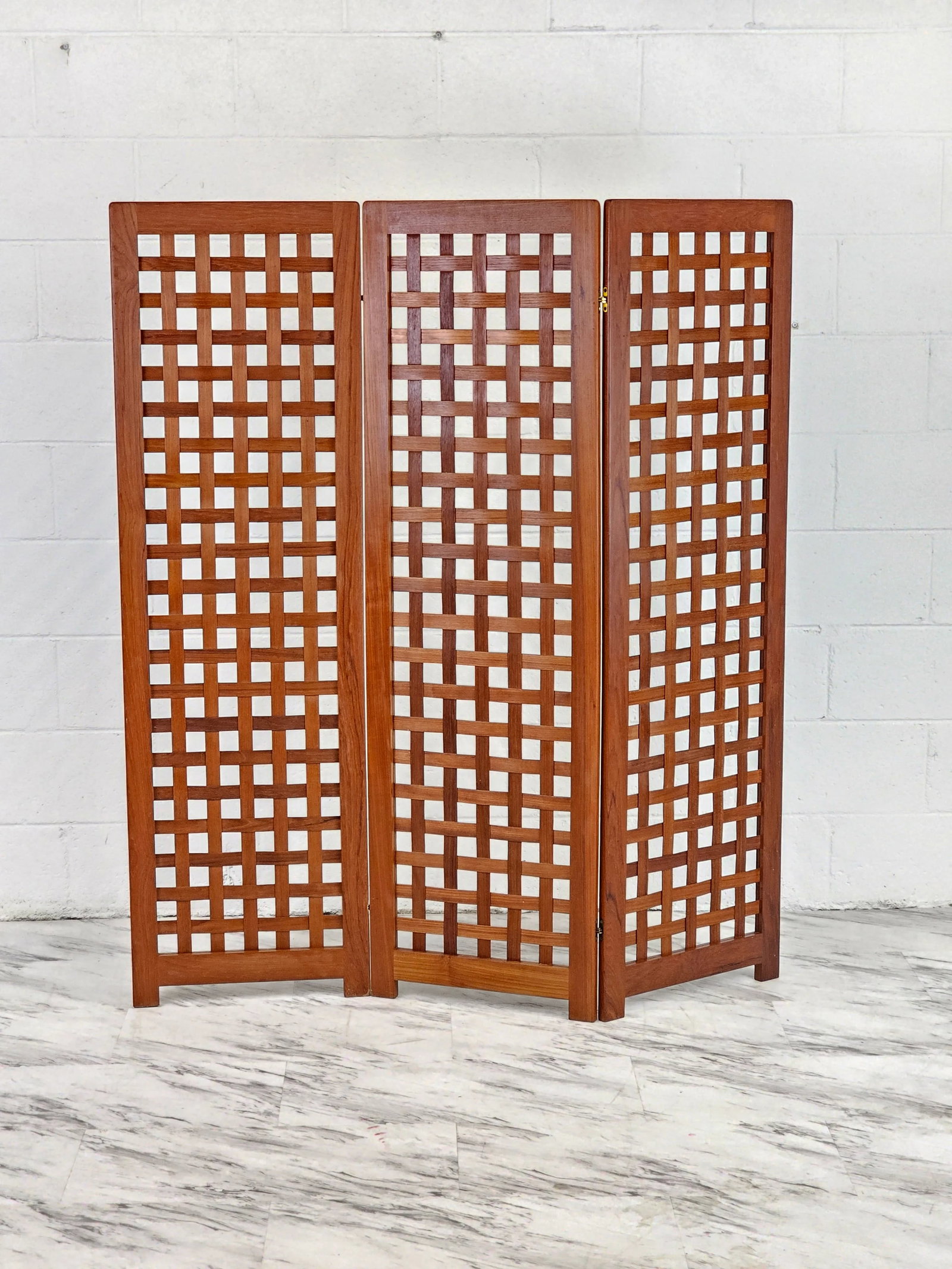 1960s Danish Modern Teak 3 Panel Lattice Folding Screen - 4