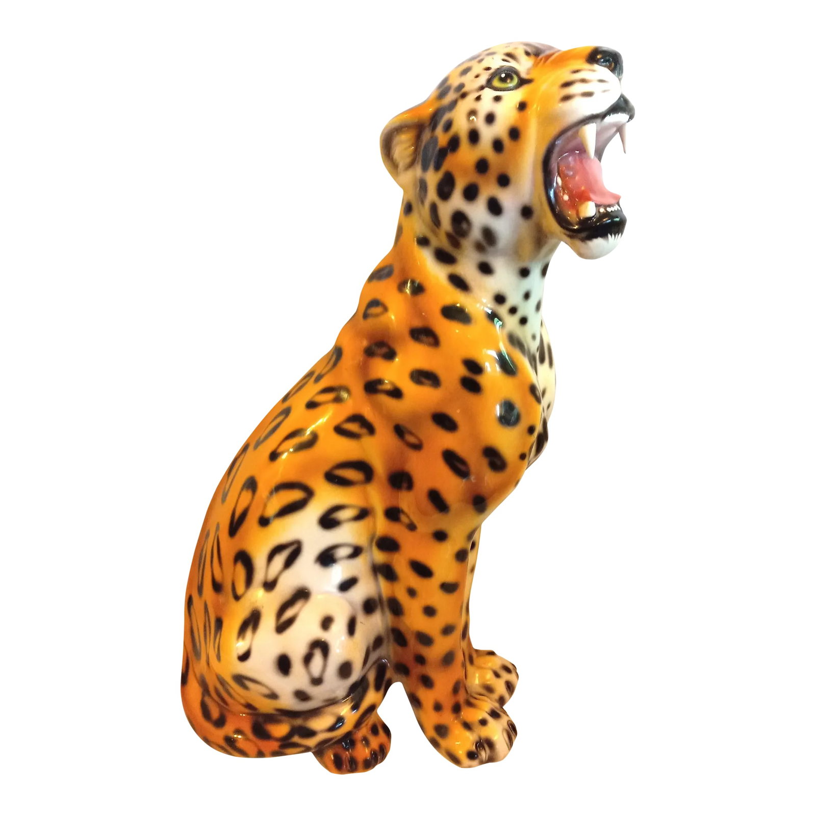 1990s Large Glass/Ceramic Sculpture of African Leopard: Huge Italian Glass/Ceramic Sculpture of African Leopard 25" High 13" Wide. The piece is a glossy colorful rendition of a gorgeous African Leopard. The larger photo of the bottom shows it is from