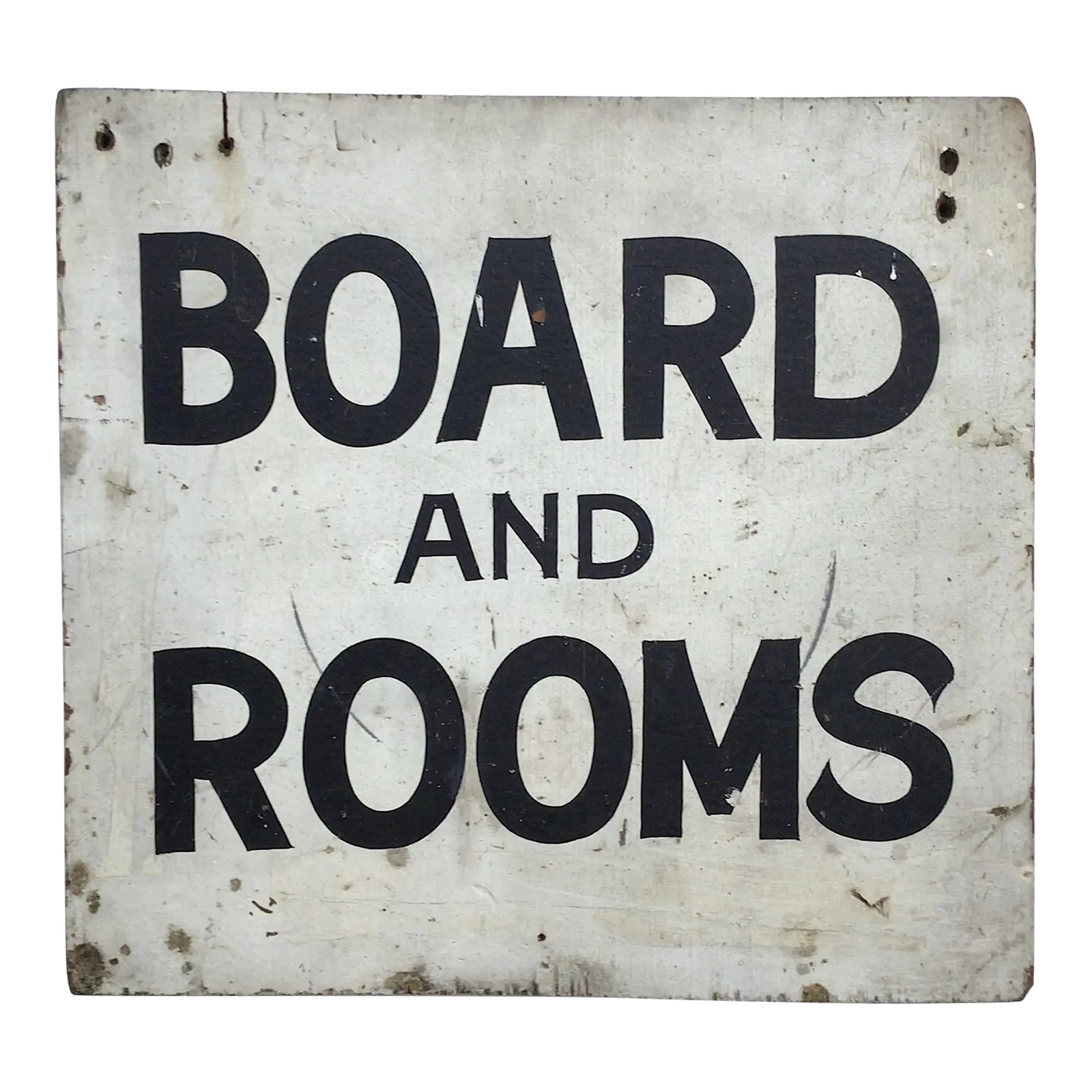 Vintage Wood Board and Rooms Sign: Circa 1940s hand lettered on wood black and white one sided Board and Rooms sign found in Maine. Sign has holes where once attached, discolorations, chips, scratches. Condition: Alterations: Original