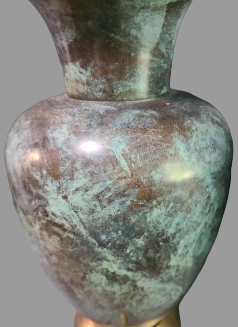Mid-Century Modern Pair of Metal Patinated Verdigris Brass Table Lamps Original Finial - 11