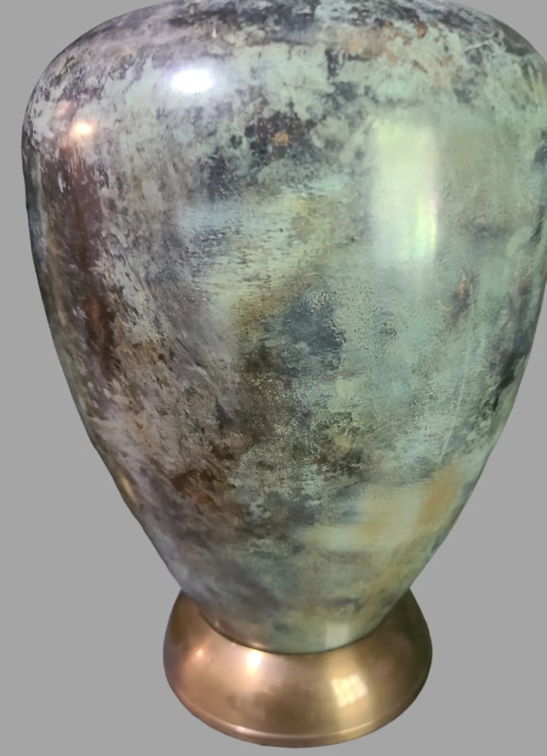 Mid-Century Modern Pair of Metal Patinated Verdigris Brass Table Lamps Original Finial - 2