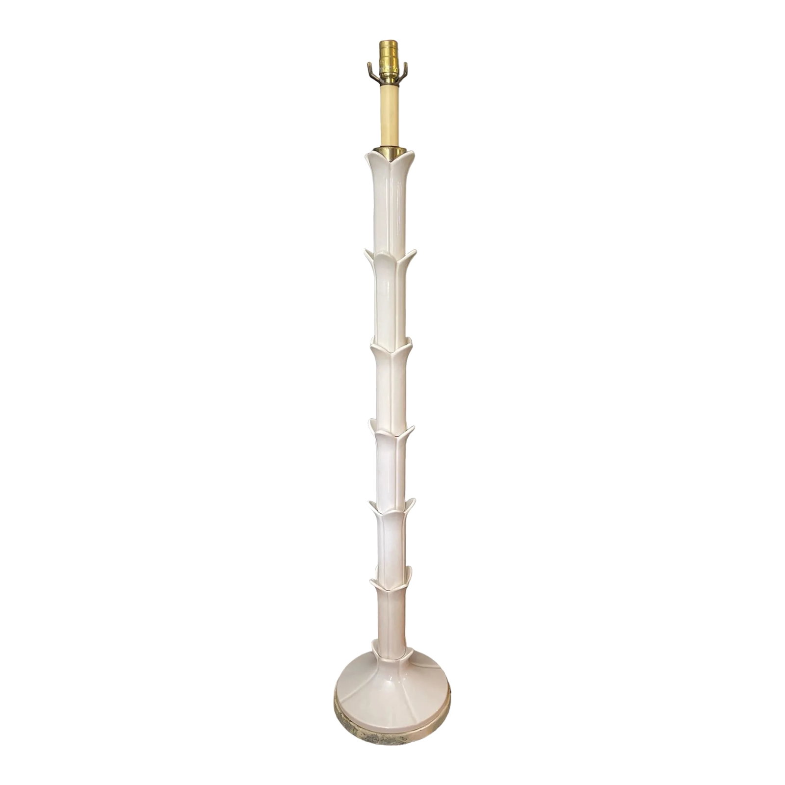 1960s White Glossy Lotus Floor Lamp Attributed to Serge Roche: Stunning porcelain ceramic floor lamp, while there is no signature or label that remains, it is attributed to Serge Roche. This crisp glossy white lamp is put together in the shape of a lotus