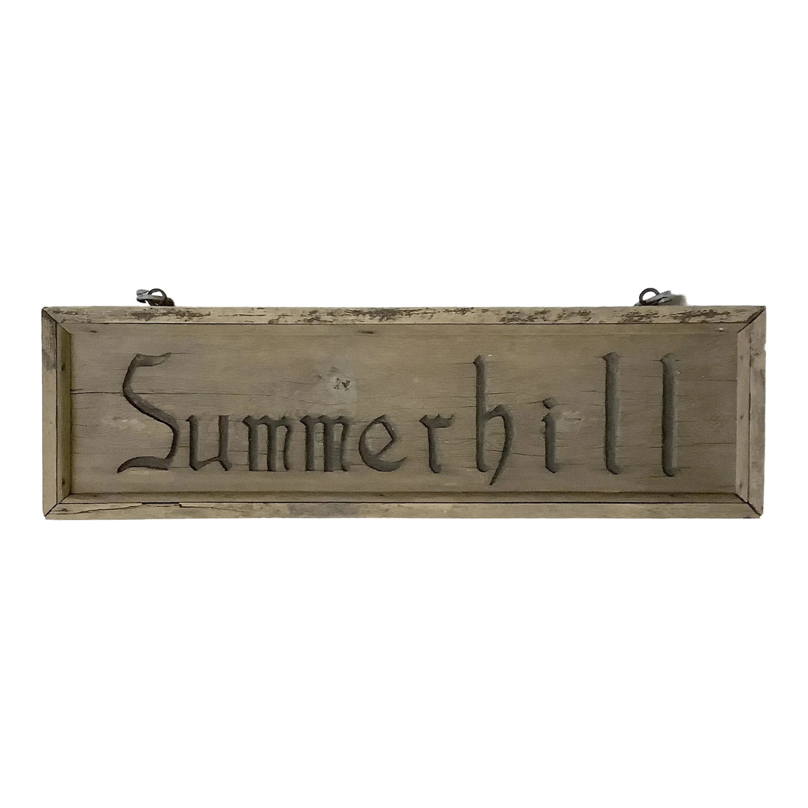 Antique Summerhill Wood Sign: Found in barn on circa 1800s property in western New York State, original estate sign for the house and farm. Sign is hand carved on heavy chestnut wood. Original hardware for hanging. Sign has