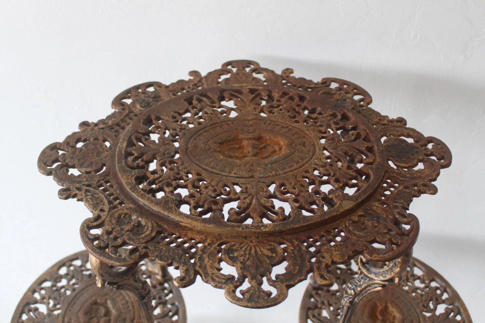 Vintage Victorian Style Ornate Cast Iron Bronze Finish Footed Plant Stand with Patina - 11