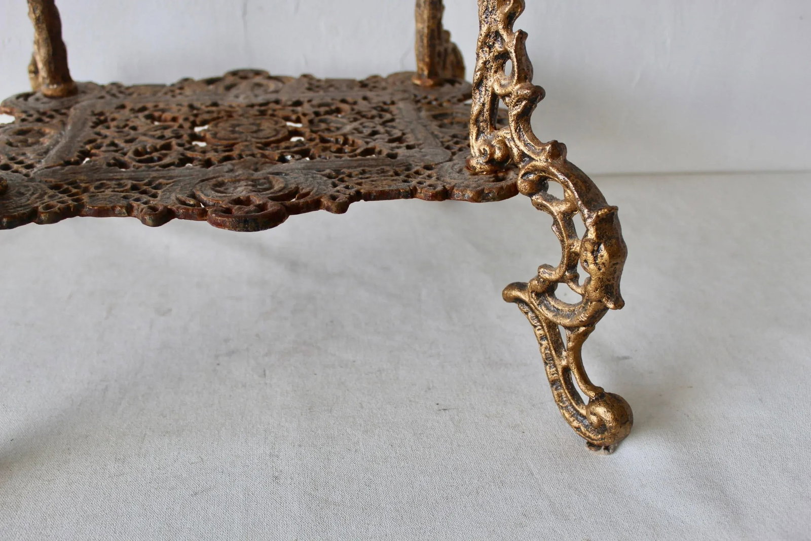 Vintage Victorian Style Ornate Cast Iron Bronze Finish Footed Plant Stand with Patina - 12