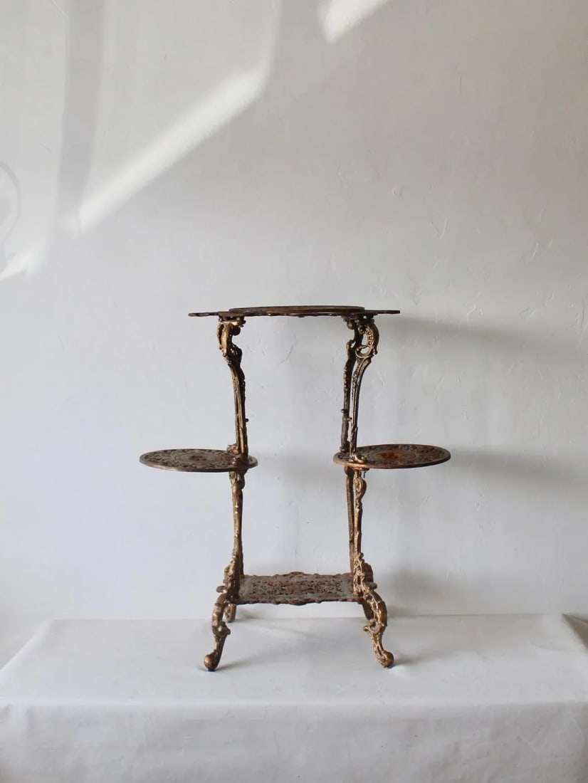 Vintage Victorian Style Ornate Cast Iron Bronze Finish Footed Plant Stand with Patina - 2