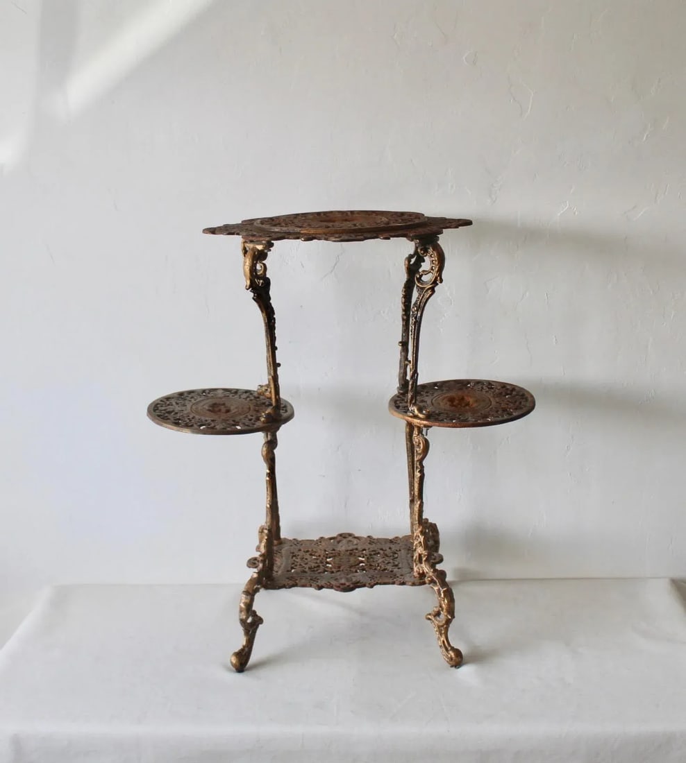 Vintage Victorian Style Ornate Cast Iron Bronze Finish Footed Plant Stand with Patina - 3