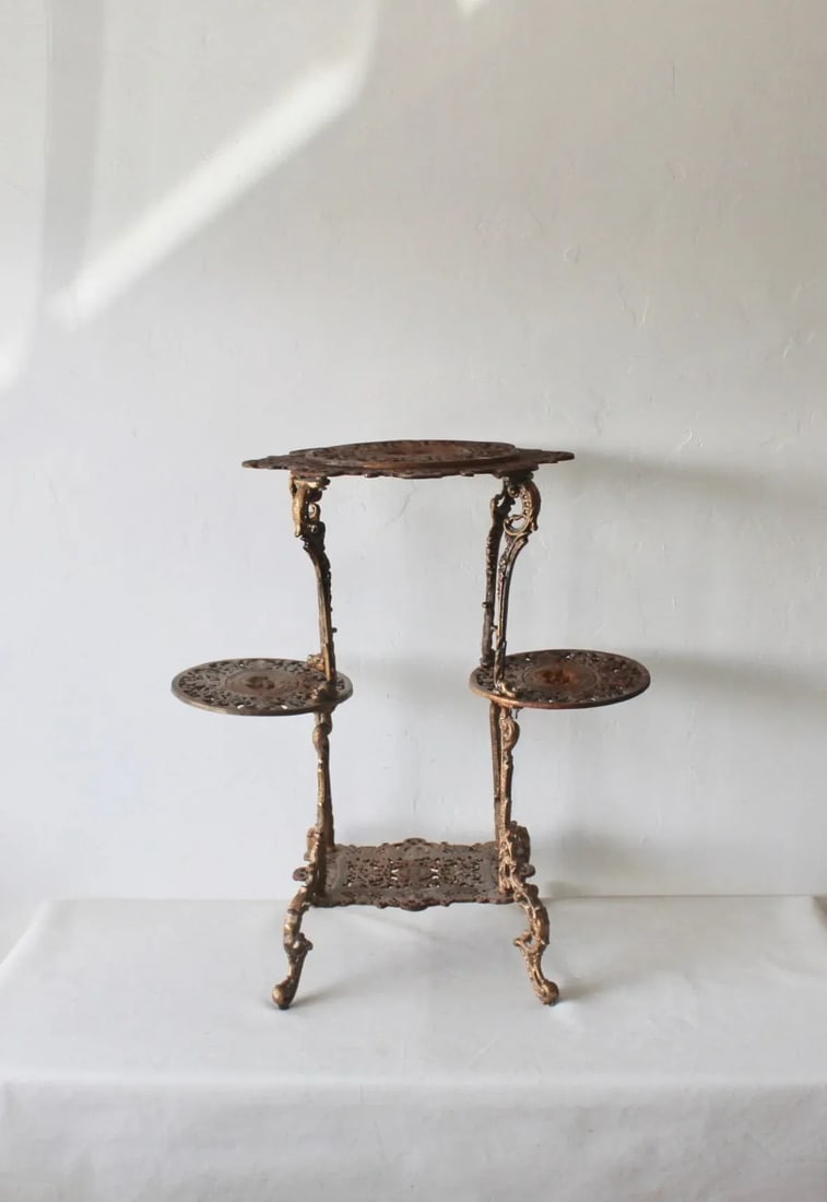 Vintage Victorian Style Ornate Cast Iron Bronze Finish Footed Plant Stand with Patina - 4