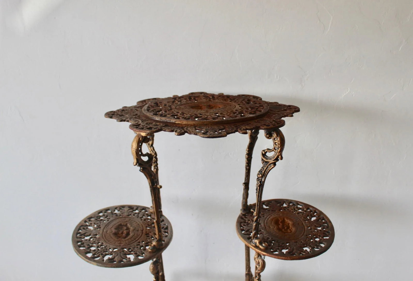 Vintage Victorian Style Ornate Cast Iron Bronze Finish Footed Plant Stand with Patina - 5