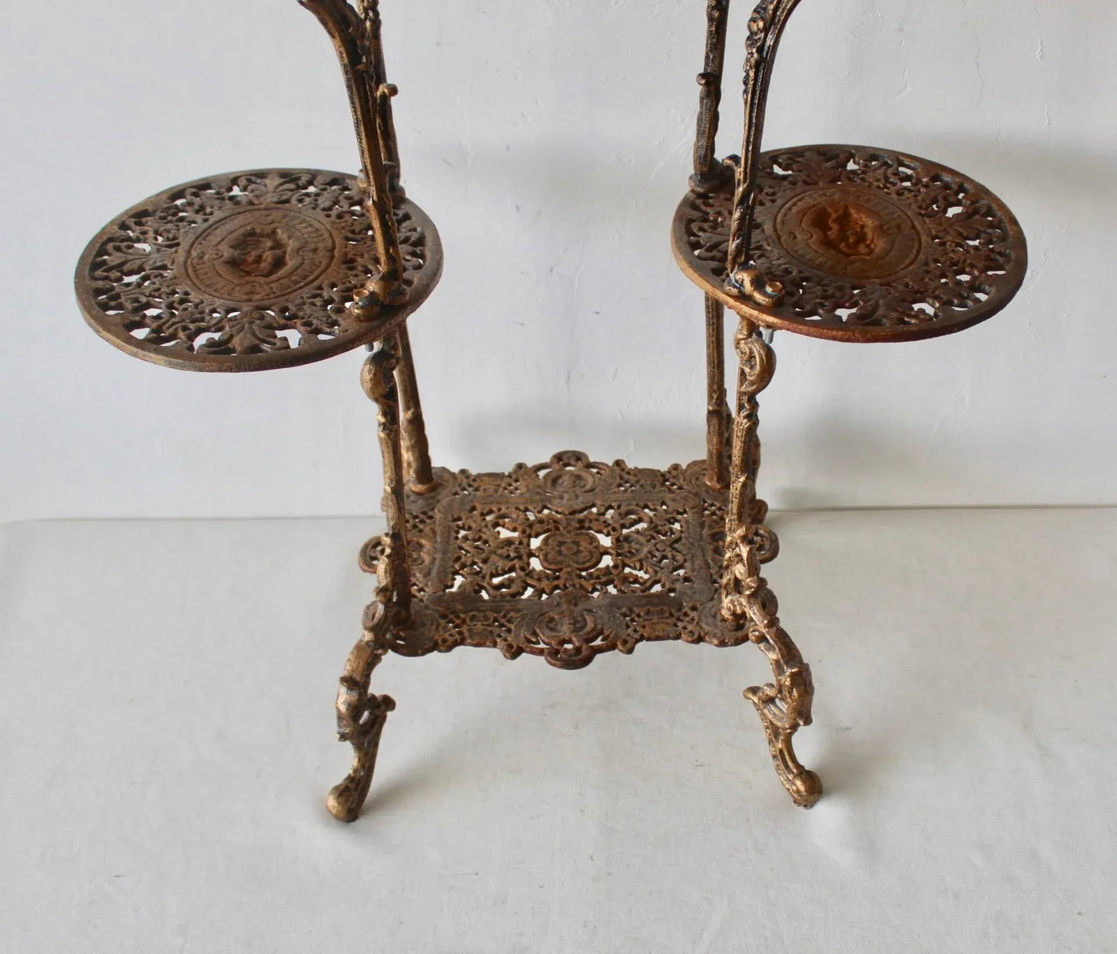 Vintage Victorian Style Ornate Cast Iron Bronze Finish Footed Plant Stand with Patina - 6