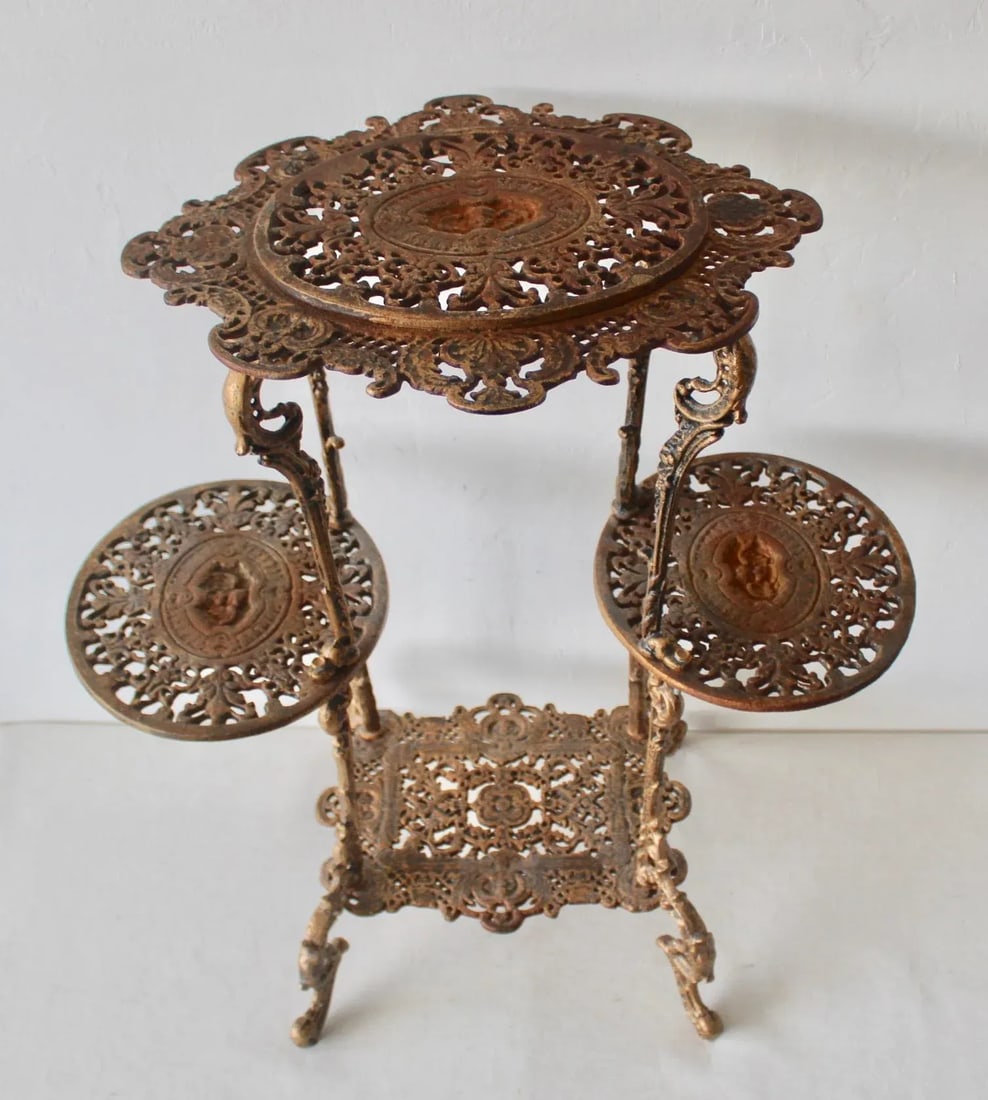Vintage Victorian Style Ornate Cast Iron Bronze Finish Footed Plant Stand with Patina - 8