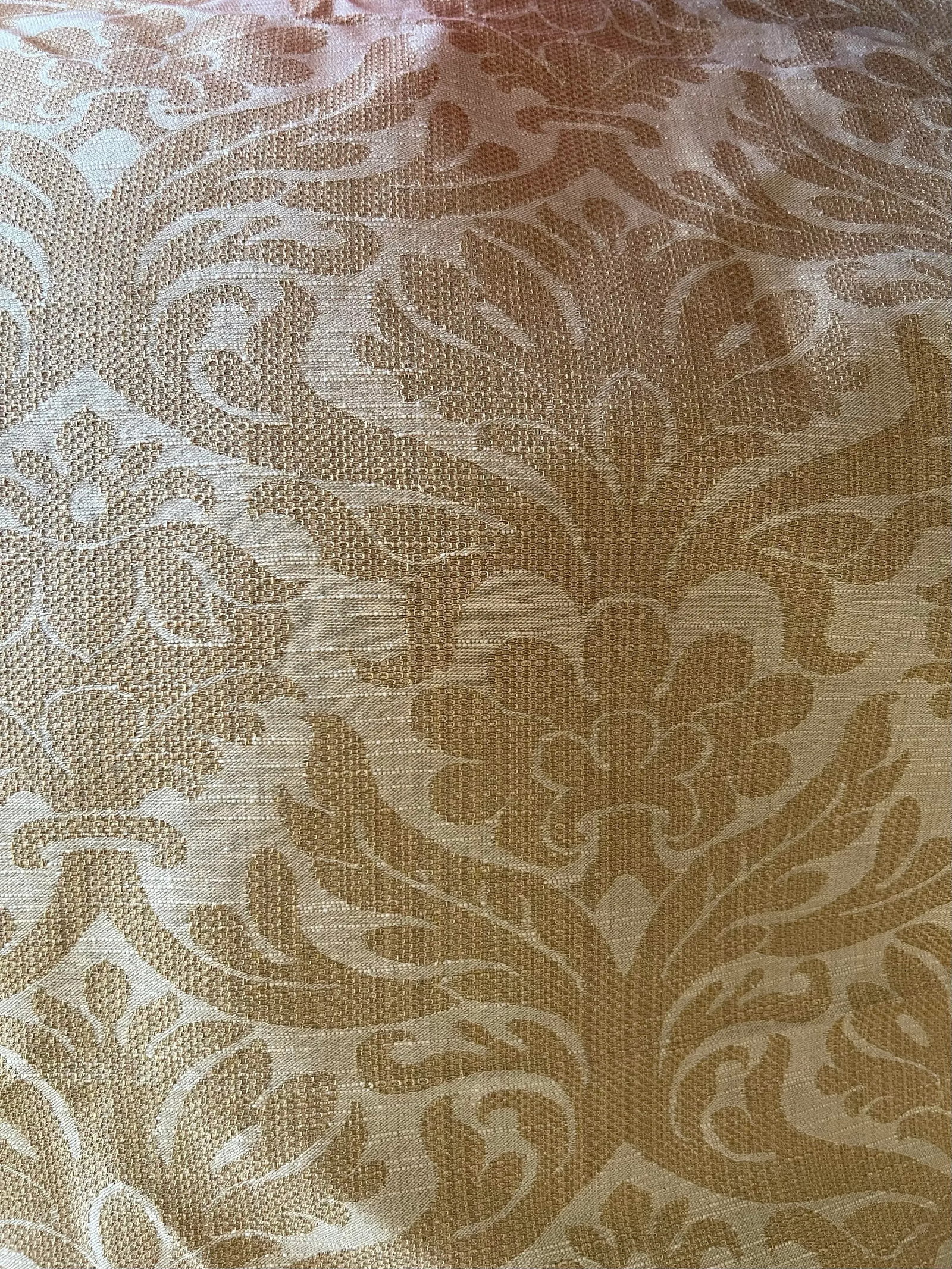 Upholstery Fabric Late 20th Century Cream/Light Brown Jacquard Pattern With a Classic, Floral Damask: This upholstery fabric features an intricate jacquard pattern with a classic, floral damask design. The base color is a light beige or cream, while the raised pattern is in a golden or light brown