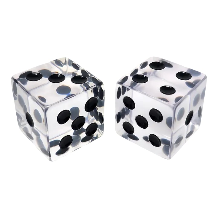 Pair of Vintage Large Lucite Dice: A pair of oversized Lucite dice in the style of Charles Hollis Jones. Heavy enough to use as bookends or paperweights and striking enough to be a lovely decorative object. Clear acrylic with black