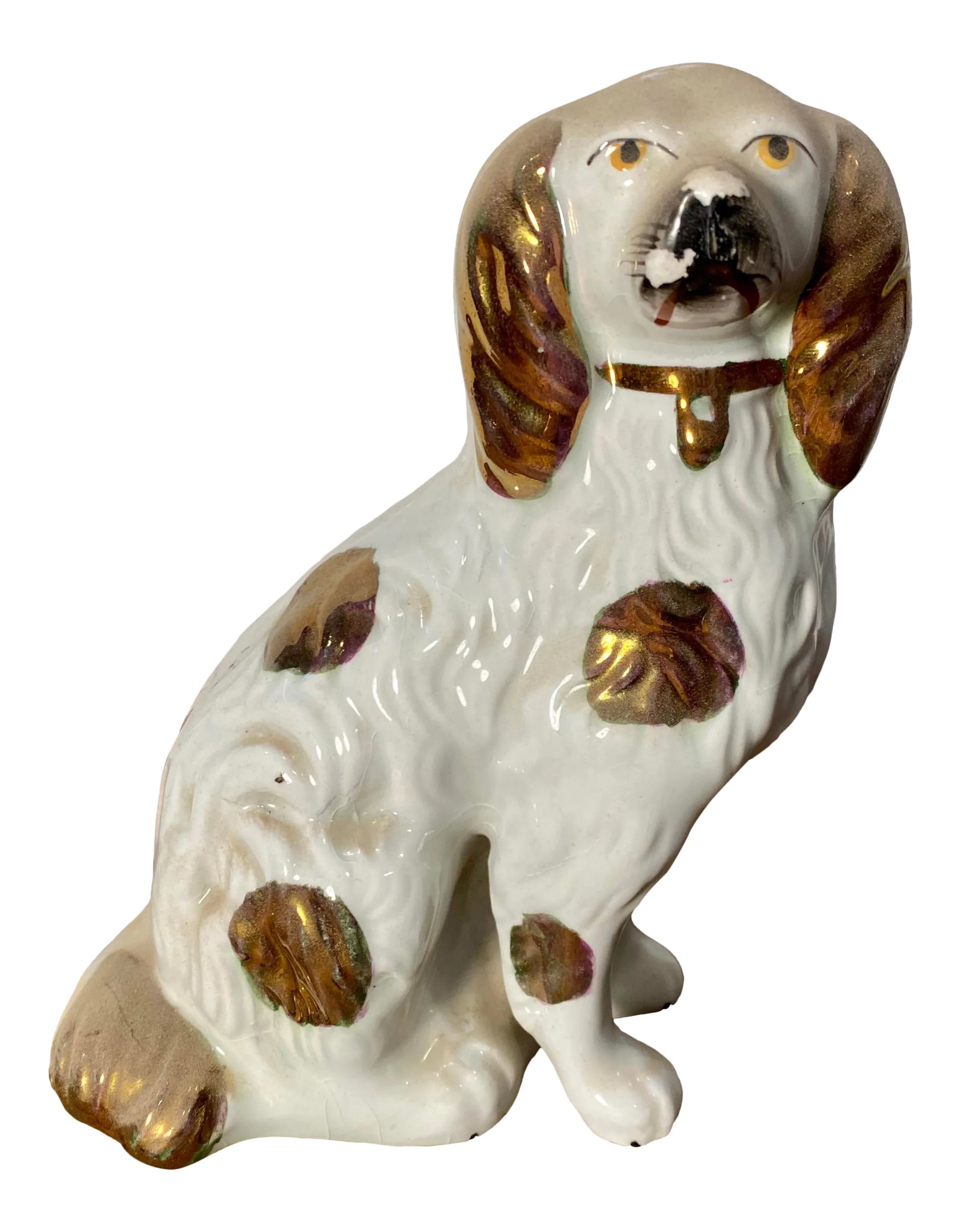 Mid-Century Modern Staffordshire Dog Decor: Staffordshire decor white and brown dog. Hand painted. Great Condition Condition: Alterations: Original Condition Unaltered Imperfections: Some Imperfections Condition Notes: Minor paint chip on the