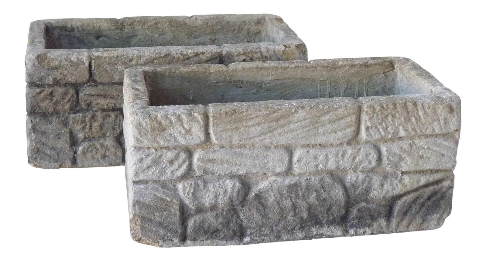 Vintage Concrete Planters - a Pair: Pair of faux stone form rectangular planters, nicely patinated, a few minor chips. Condition: Alterations: Unknown Imperfections: Some Imperfections Condition Notes: Excellent, a few minor rim chips M