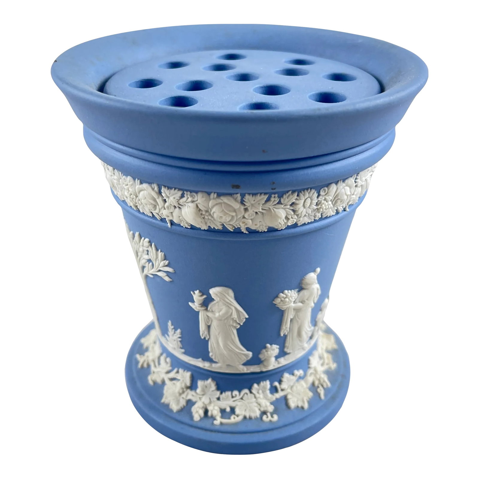 Wedgwood Jasperware Neo-Classical Vase With Flower Frog, 1968: A Wedgwood Jasperware Neo-Classical blue and white vase with a flower frog insert, date marked 1968. The vase is sprig decorated with classical figures and banded with a running floral border near