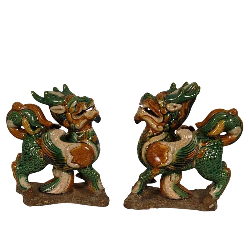Vintage Chinese Ceramic Glaze KiLim Statuary - a Pair: This pair of magnificent Vintage Chinese Ceramic KiLim Statuary were hand made with colorful glaze on the ceramic. It has beautiful detailed carving works all over it. Look at the pictures, you will