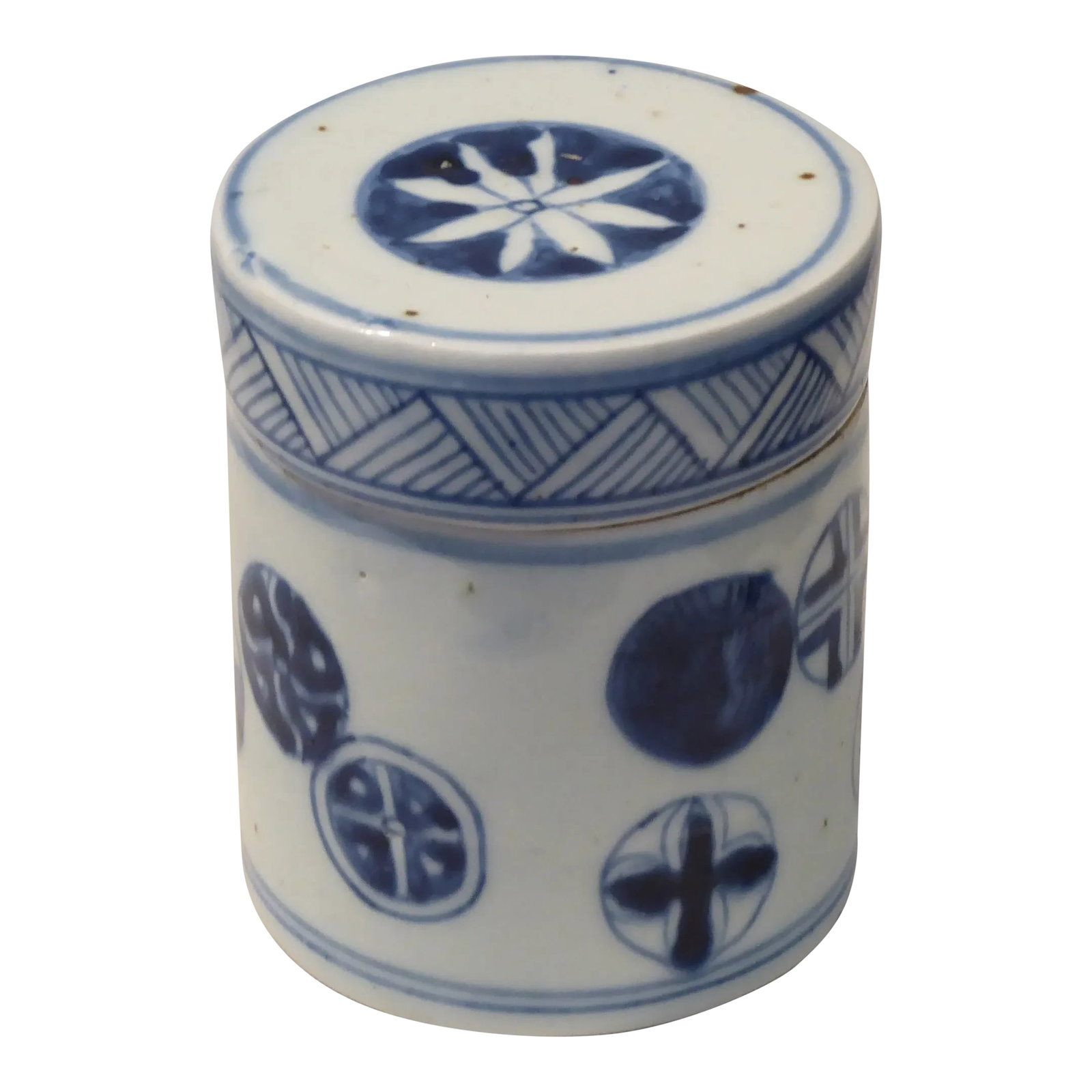 Antique Chinese Porcelain Covered Jar: This covered Chinese Porcelain jar has a hand painted design. Condition: Alterations: Unknown Imperfections: Some Imperfections Condition Notes: Excellent, old patina, normal firing slubs Origin: