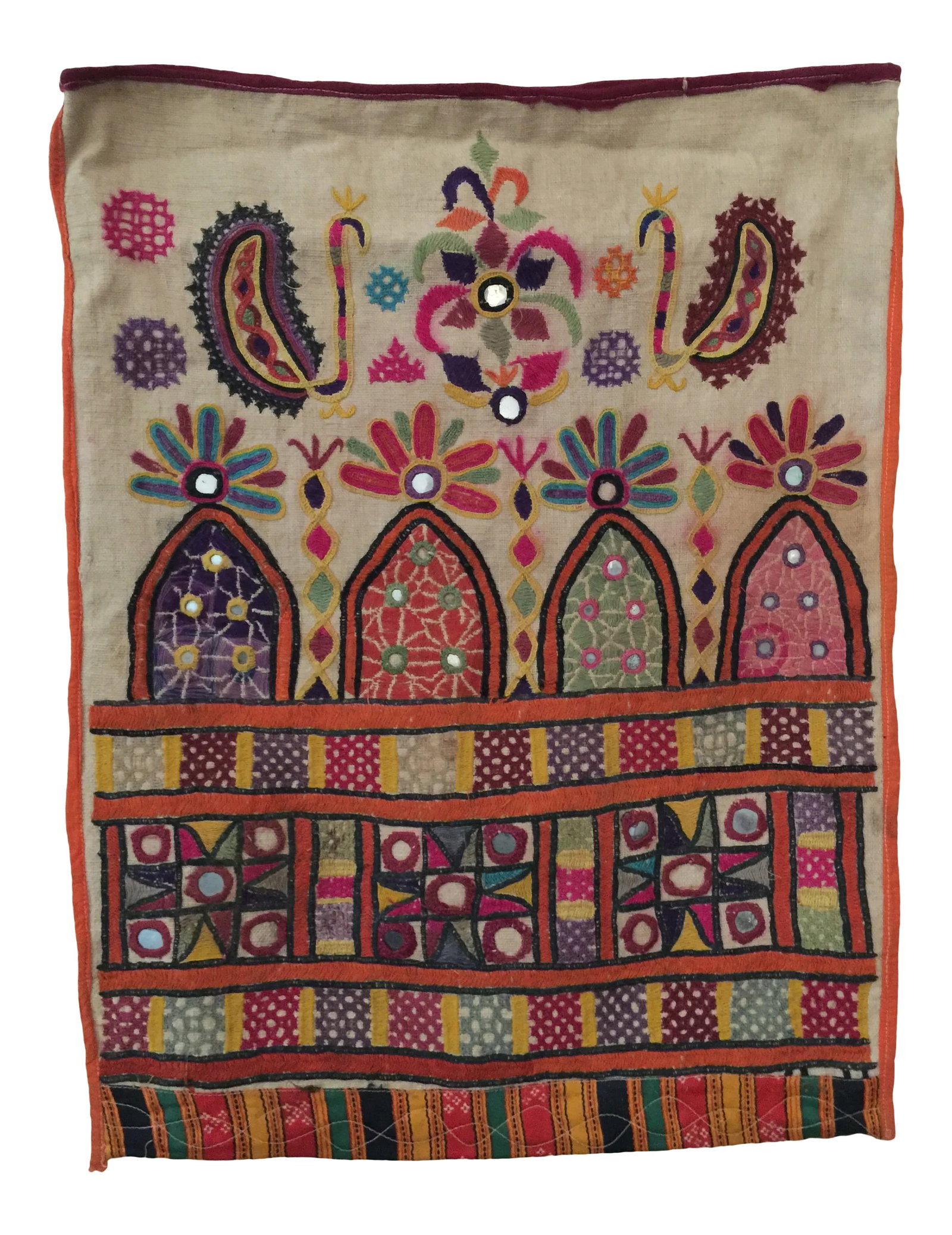 1970s Boho Chic Textile Art: This Vintage folk art piece was made in Rajasthan, India because the piece is Vintage and handmade some of the imperfection adds to the uniqueness and beauty of the piece. The design is embroidered wi