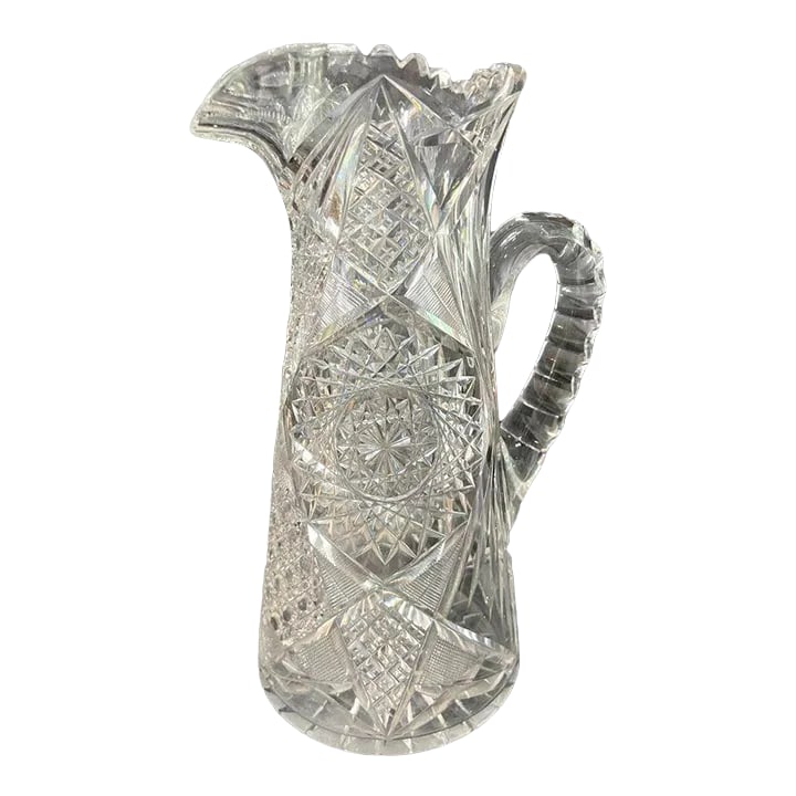 Antique American Brilliant Cut Hobstar Glass Sawtooth Pitcher: Antique American Brilliant Cut Glass 12" Tall Sawtooth Pitcher Base is 7" diameter Hobstar, Crosshatching, Fan, Cane & Ovals Sawtooth Rim Good condition with age and use. Some chips on rim as pictures