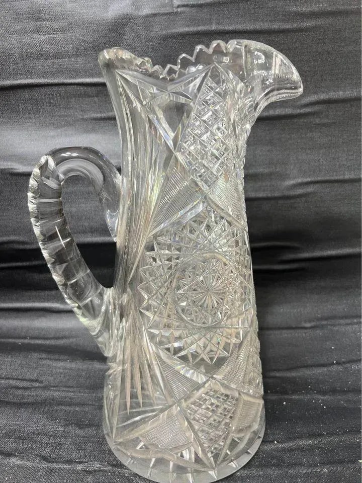 Antique American Brilliant Cut Hobstar Glass Sawtooth Pitcher - 4