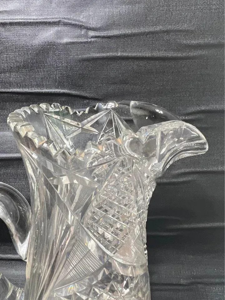 Antique American Brilliant Cut Hobstar Glass Sawtooth Pitcher - 8