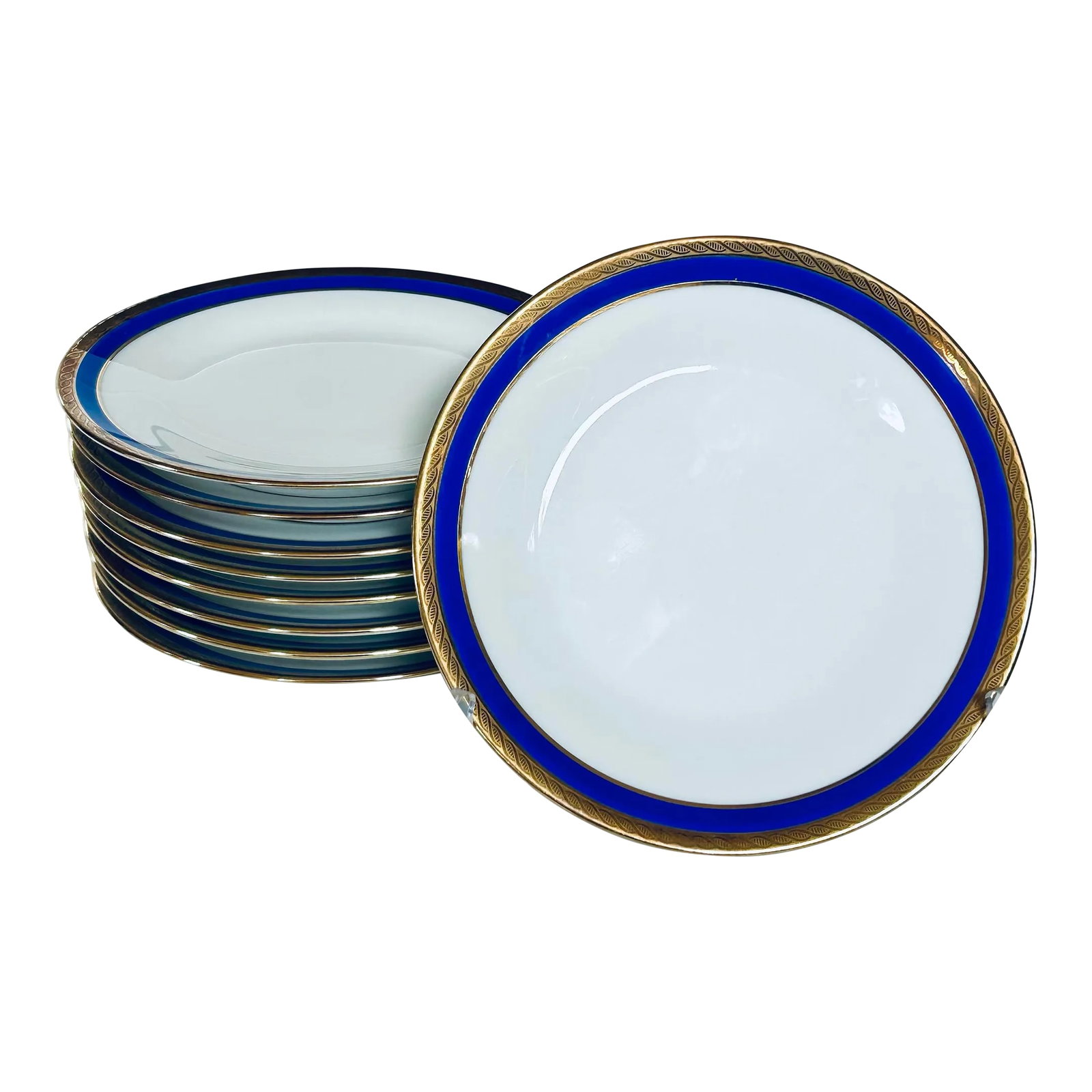 Richard Ginori Palermo Blue Bread and Butter Plates - Set of 7: Richard Ginori bread and butter plates in the Palermo Blue pattern. Set of 7. Makers mark on the bottom. Description: Impero, 1/4" Blue Band, Gold Encrusted Pattern: Palermo Blue by Richard Ginori